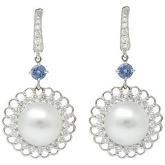 South Sea Pearl 2.20 Carat Sapphire Diamond 18 Karat White Gold Earrings