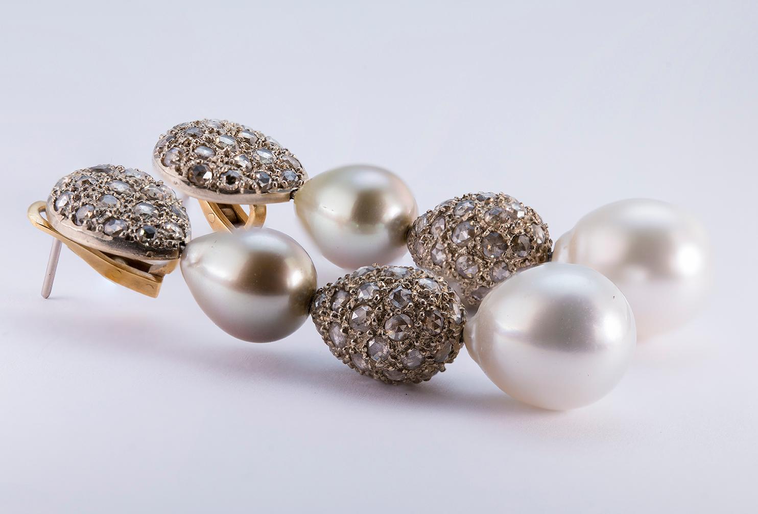 Women's or Men's South Sea Pearl 6.45 Carat Brown Rose Cut Diamond Drop Earrings For Sale