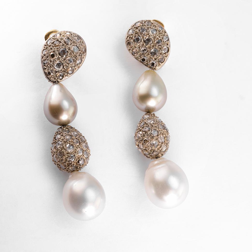 South Sea Pearl 6.45 Carat Brown Rose Cut Diamond Drop Earrings For Sale 1