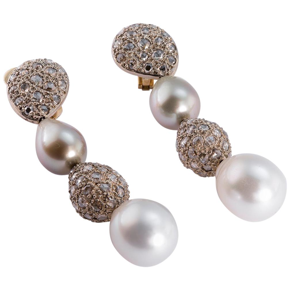 South Sea Pearl 6.45 Carat Brown Rose Cut Diamond Drop Earrings For Sale