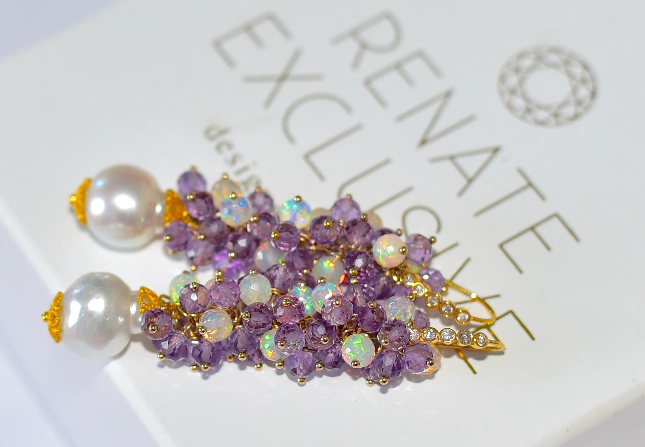 Renate Exclusive's most luxurious and popular handmade work! Mixed with Lavender Amethyst, Ethiopian Crystal Opal, and South Sea Pearl. The earring is decorated with a 14K Solid Yellow Gold post with diamond accents. All together make a wonderful,
