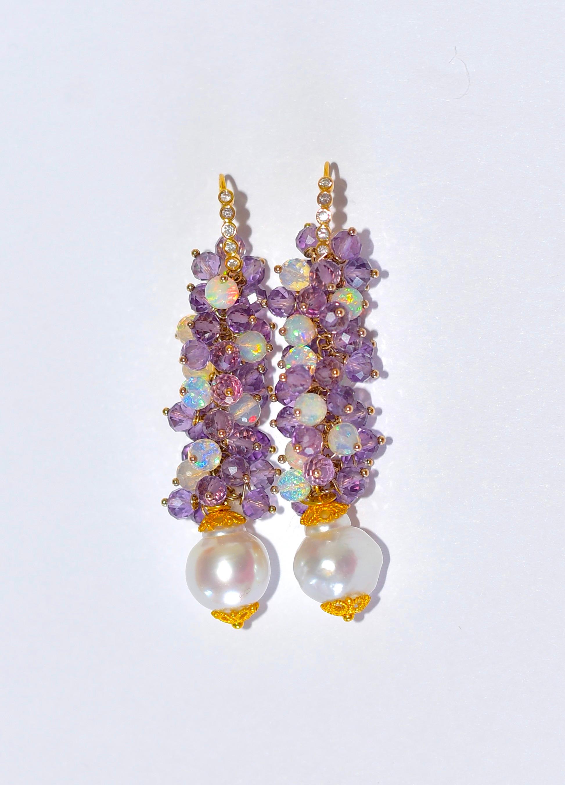Bead South Sea Pearl, Amethyst, Ethiopian Crystal Opal Earrings in 14K Solid Gold For Sale