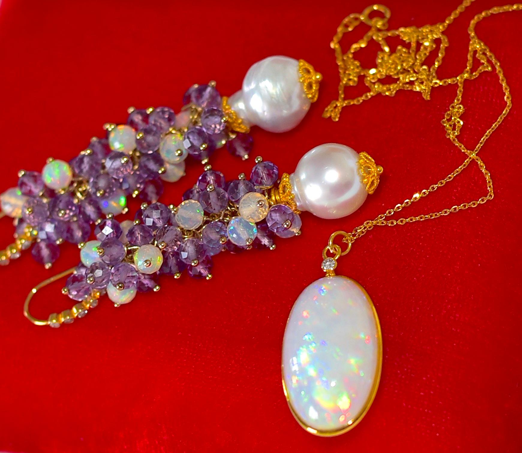 South Sea Pearl, Amethyst, Ethiopian Crystal Opal Earrings in 14K Solid Gold For Sale 1