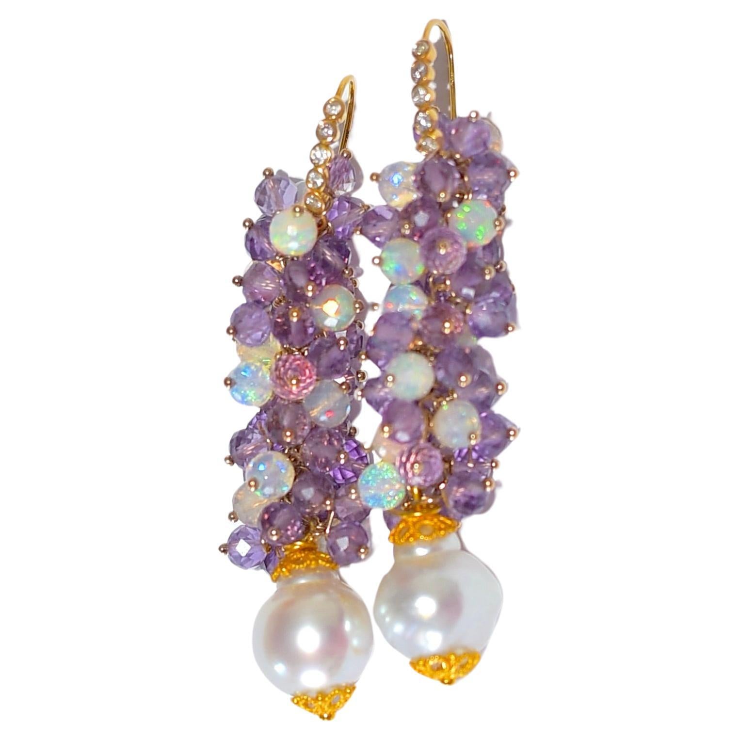 Boucles d'oreilles en or massif 14K avec perles des mers du Sud, améthystes et opales en cristal éthiopien