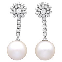South Sea Pearl and 1.30 Carat Diamond 18k White Gold Earrings Circa 1950
