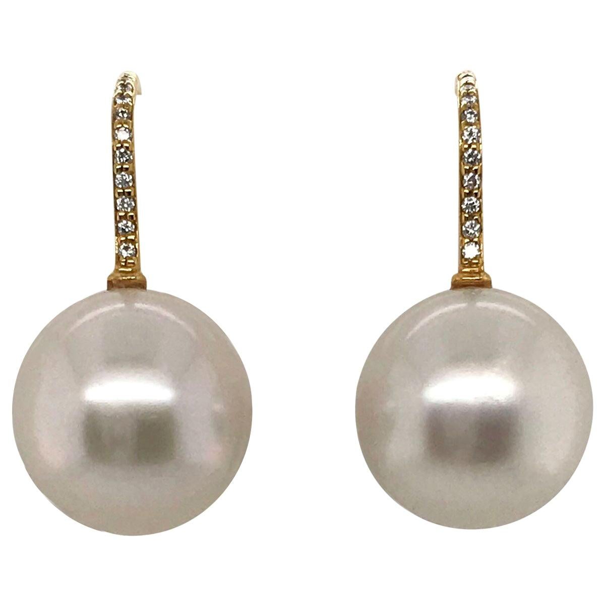 South Sea Pearl and 18 Karat Yellow Gold Diamond Set Hook Drop Earrings