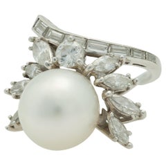 South Sea Pearl and 2.10 Carat Diamond Cocktail Ring in Platinum, circa 1960