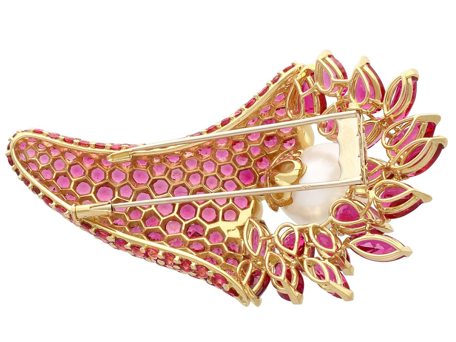 Women's or Men's South Sea Pearl and 30.15 Carat Pink Tourmaline Yellow Gold Brooch For Sale