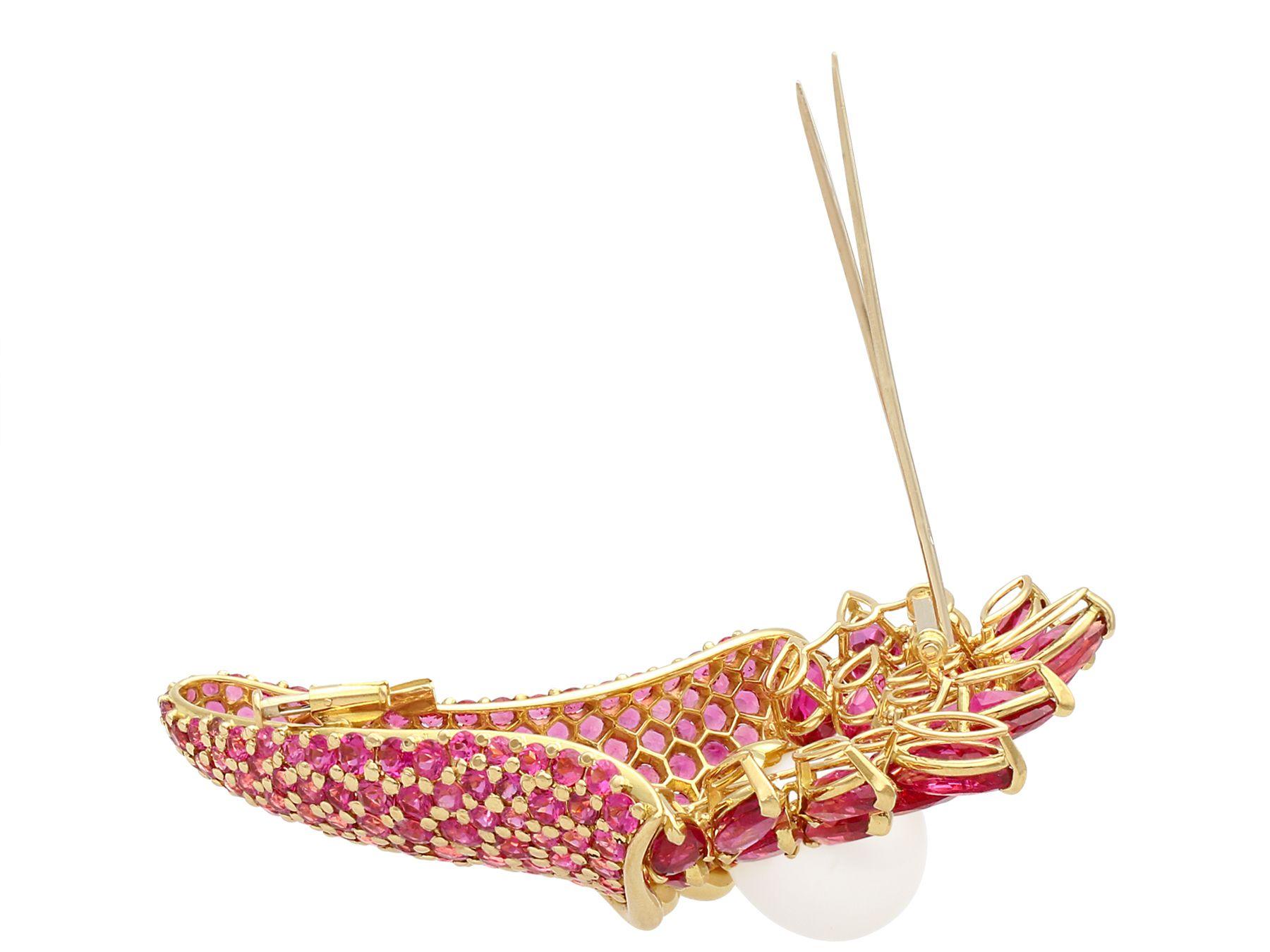 South Sea Pearl and 30.15 Carat Pink Tourmaline Yellow Gold Brooch For Sale 1