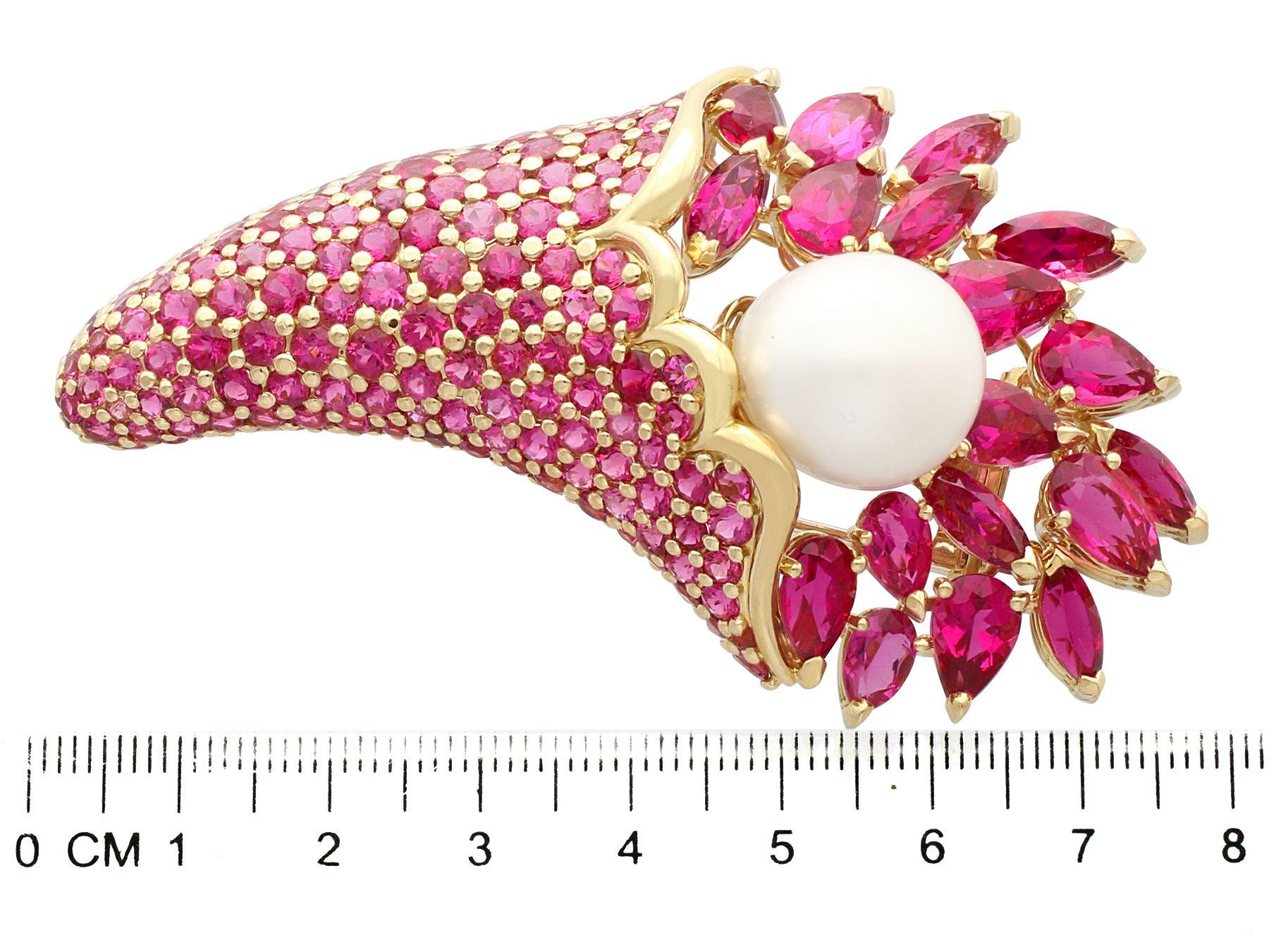 South Sea Pearl and 30.15 Carat Pink Tourmaline Yellow Gold Brooch For Sale 2