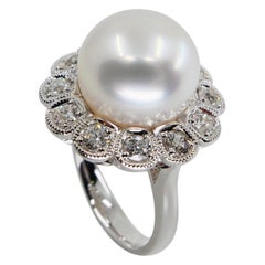 South Sea Pearl and Antique Old Mine Cut Diamond Ring, Classic Flower