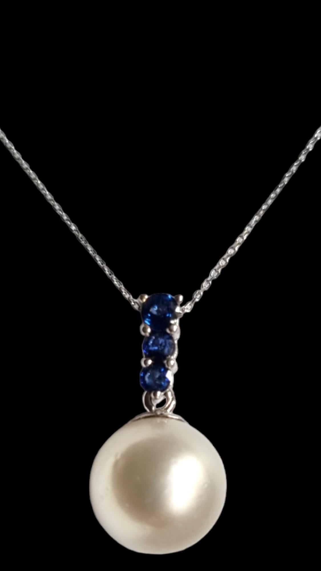 Aesthetic Movement South Sea Pearl and Blue Sapphire Pendant GIA Certified For Sale