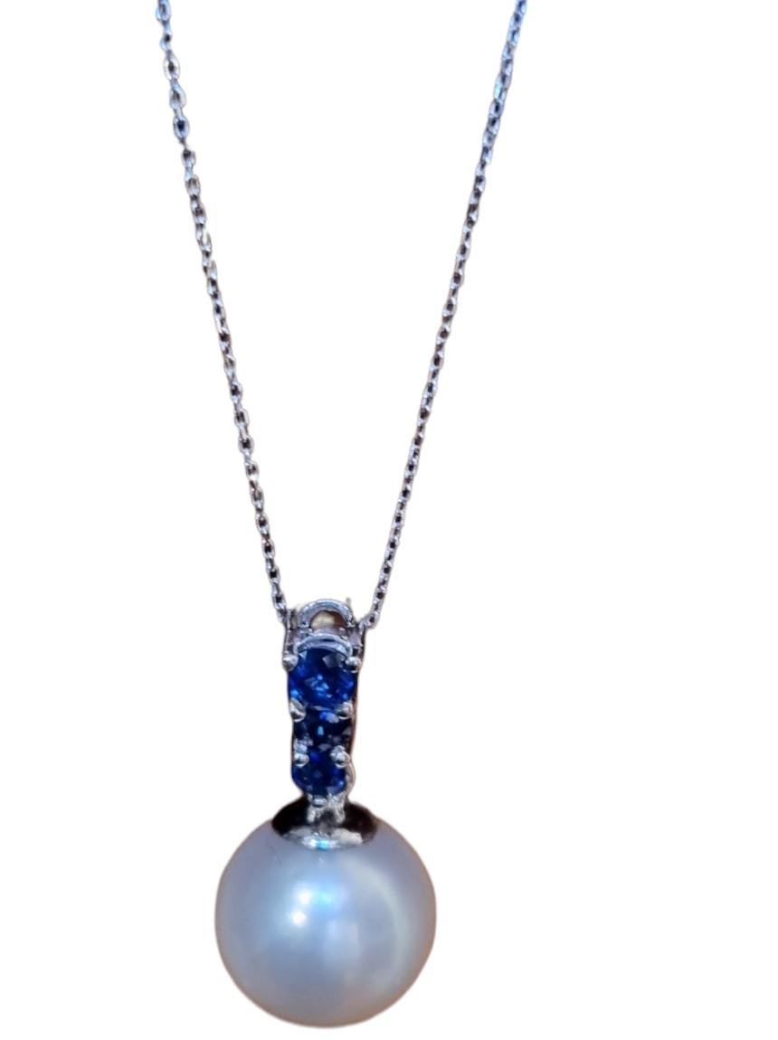 Round Cut South Sea Pearl and Blue Sapphire Pendant GIA Certified For Sale