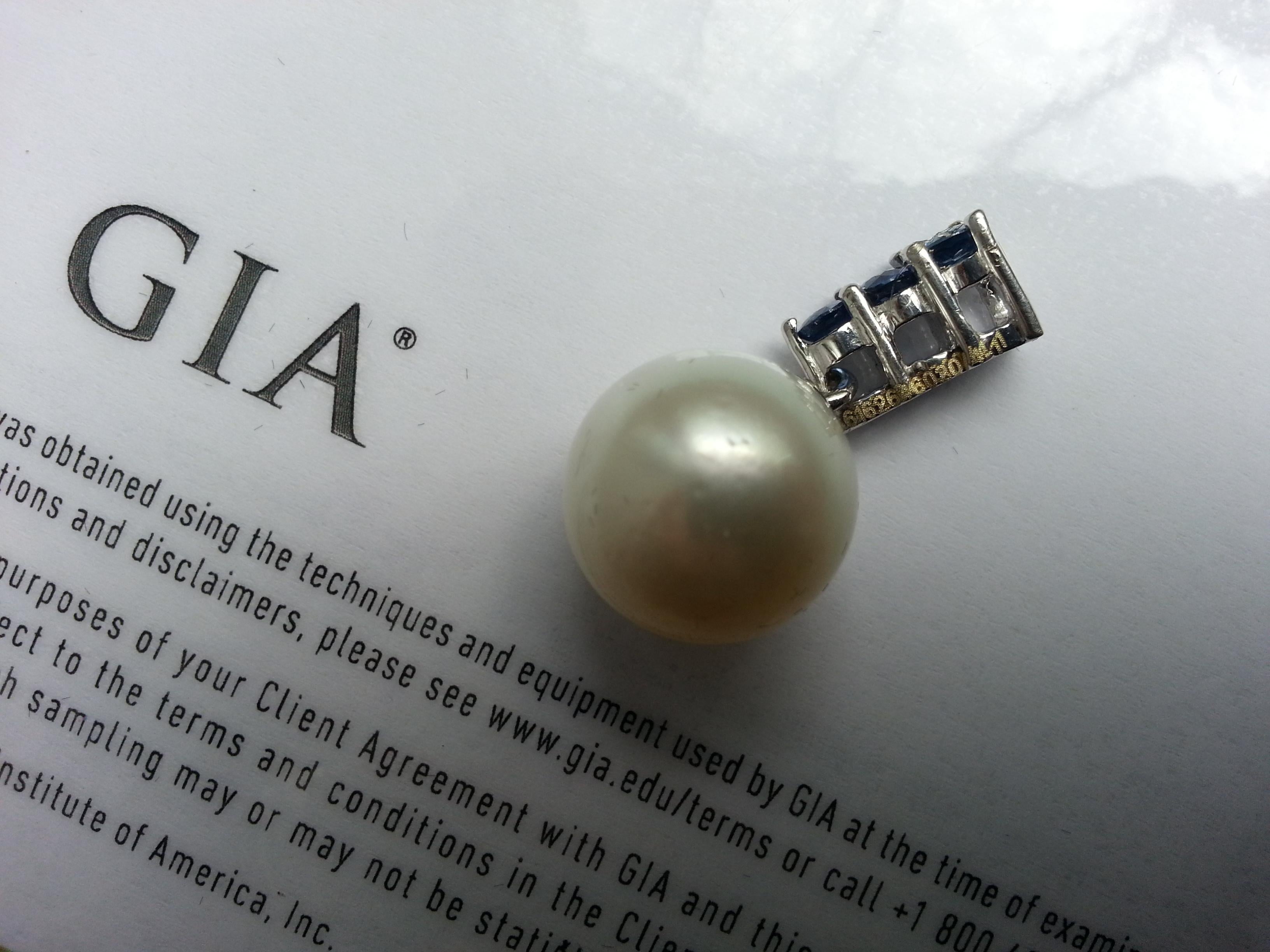 Women's South Sea Pearl and Blue Sapphire Pendant GIA Certified For Sale