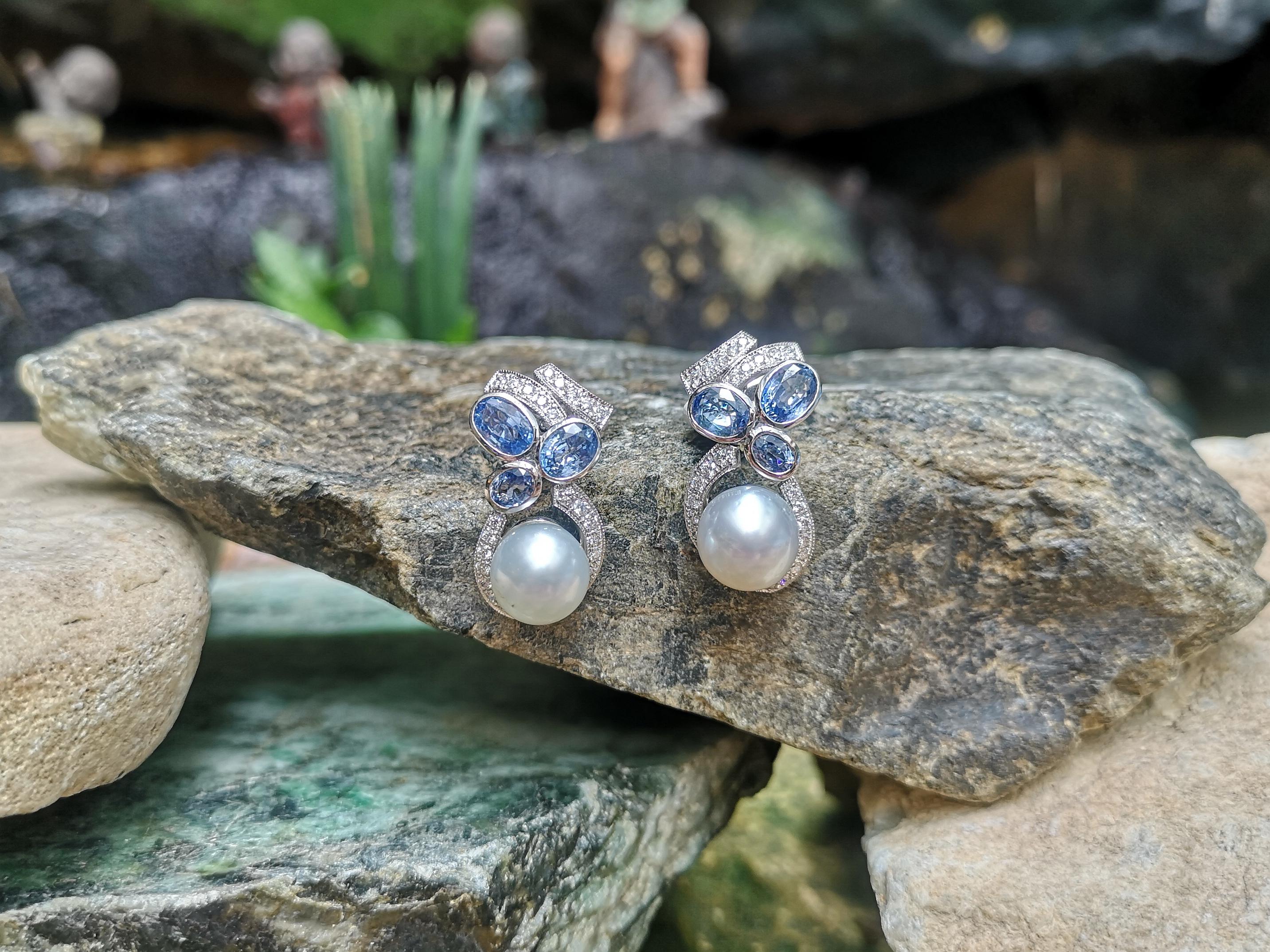 Contemporary South Sea Pearl and Blue Sapphire with Diamond Earrings in 18 Karat White Gold For Sale