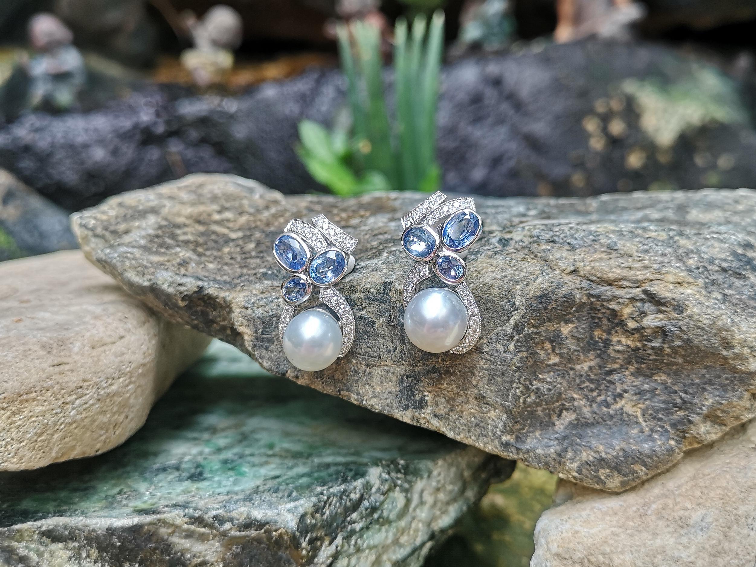 Mixed Cut South Sea Pearl and Blue Sapphire with Diamond Earrings in 18 Karat White Gold For Sale