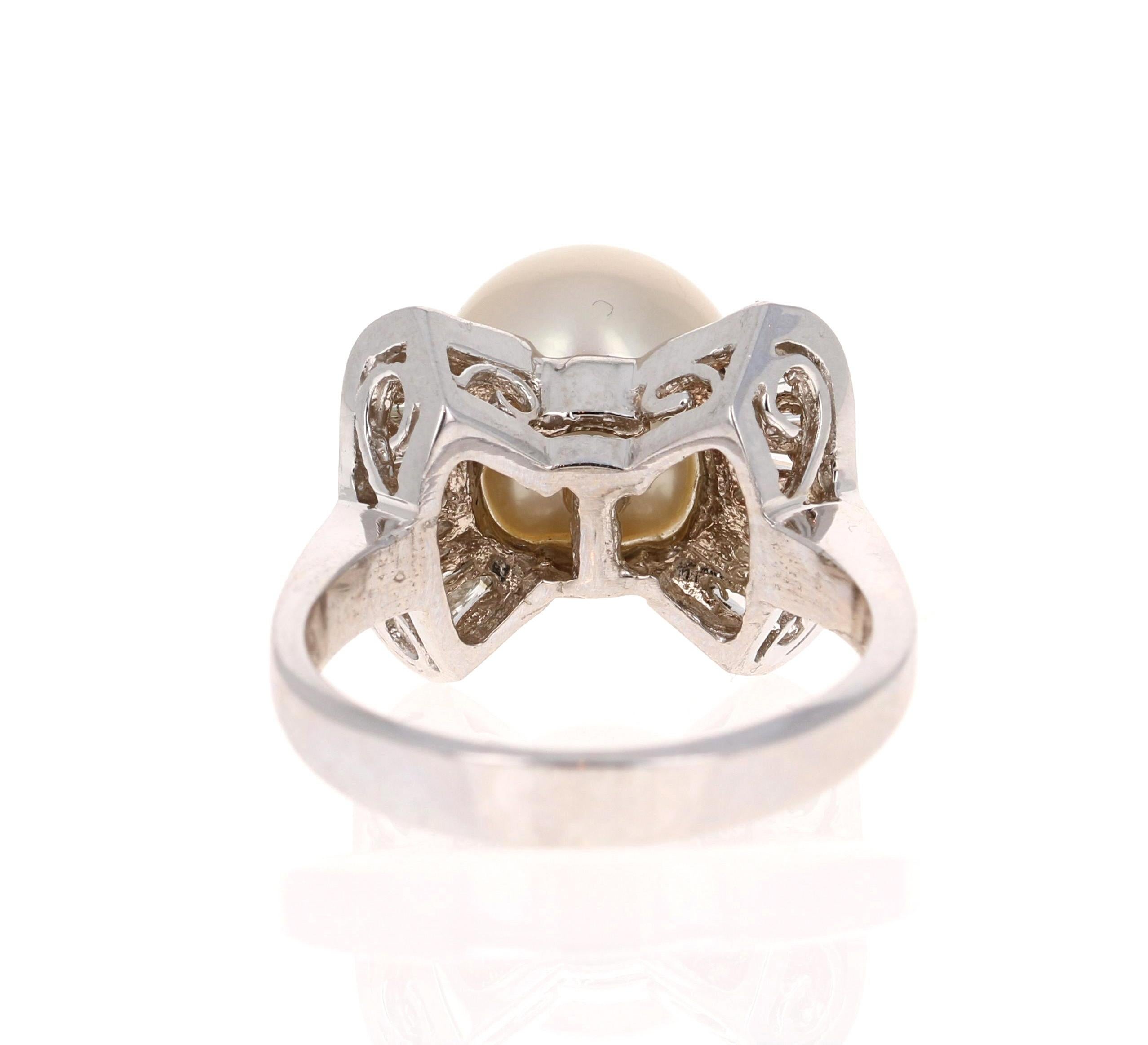 Baguette Cut South Sea Pearl and Diamond 14 Karat White Gold Cocktail Ring