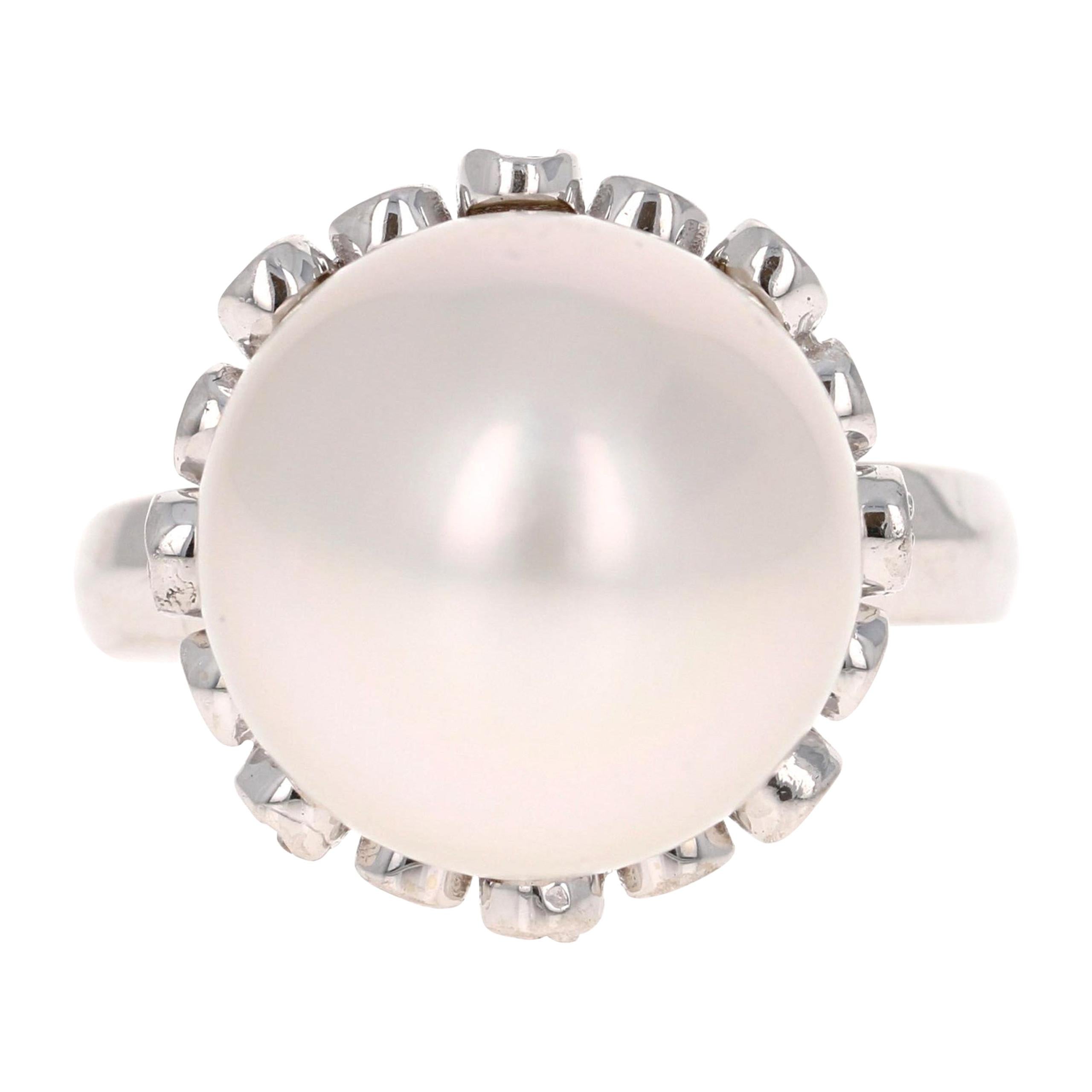 Südseeperle und Diamant 14 Karat Weißgold Cocktail-Ring im Angebot