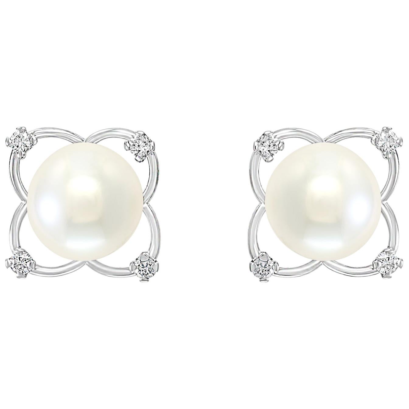 South Sea Cultured Pearl and Diamond 14 Karat White Gold Floral Earrings For Sale