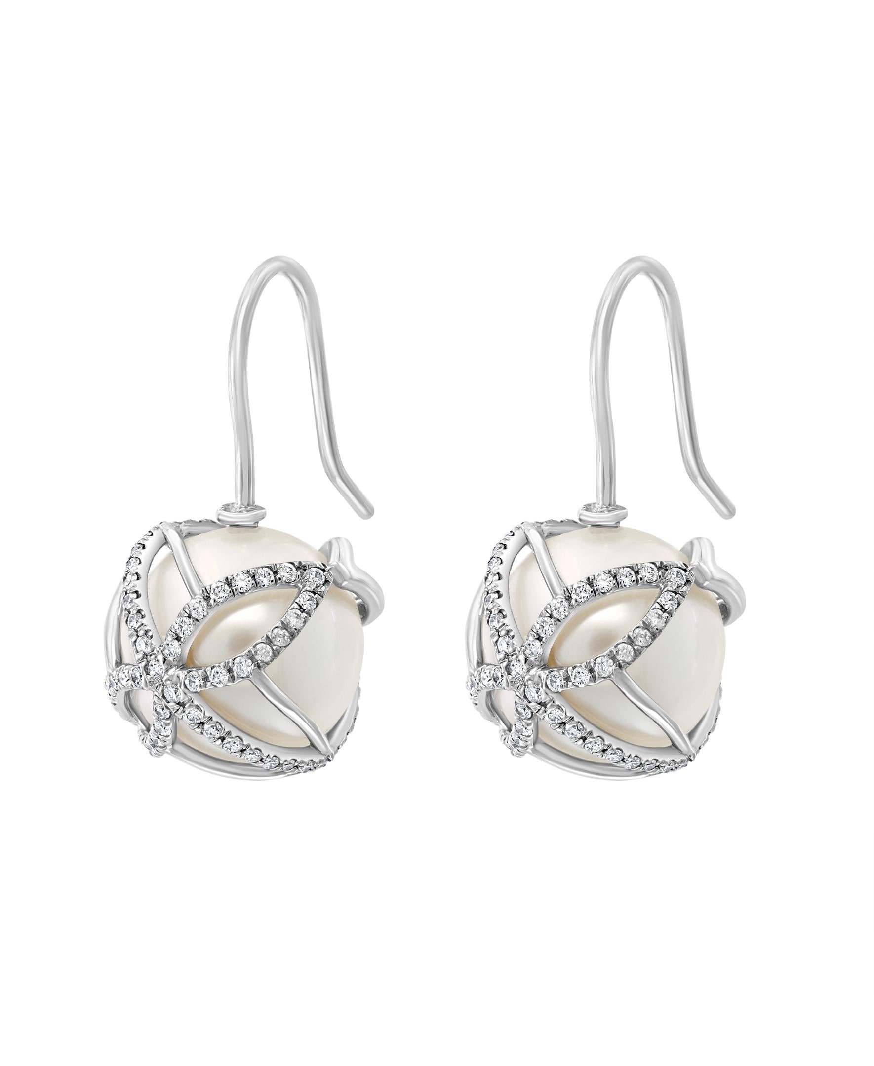 Contemporary South Sea Cultured Pearl and Diamond 14 Karat White Gold Earrings For Sale