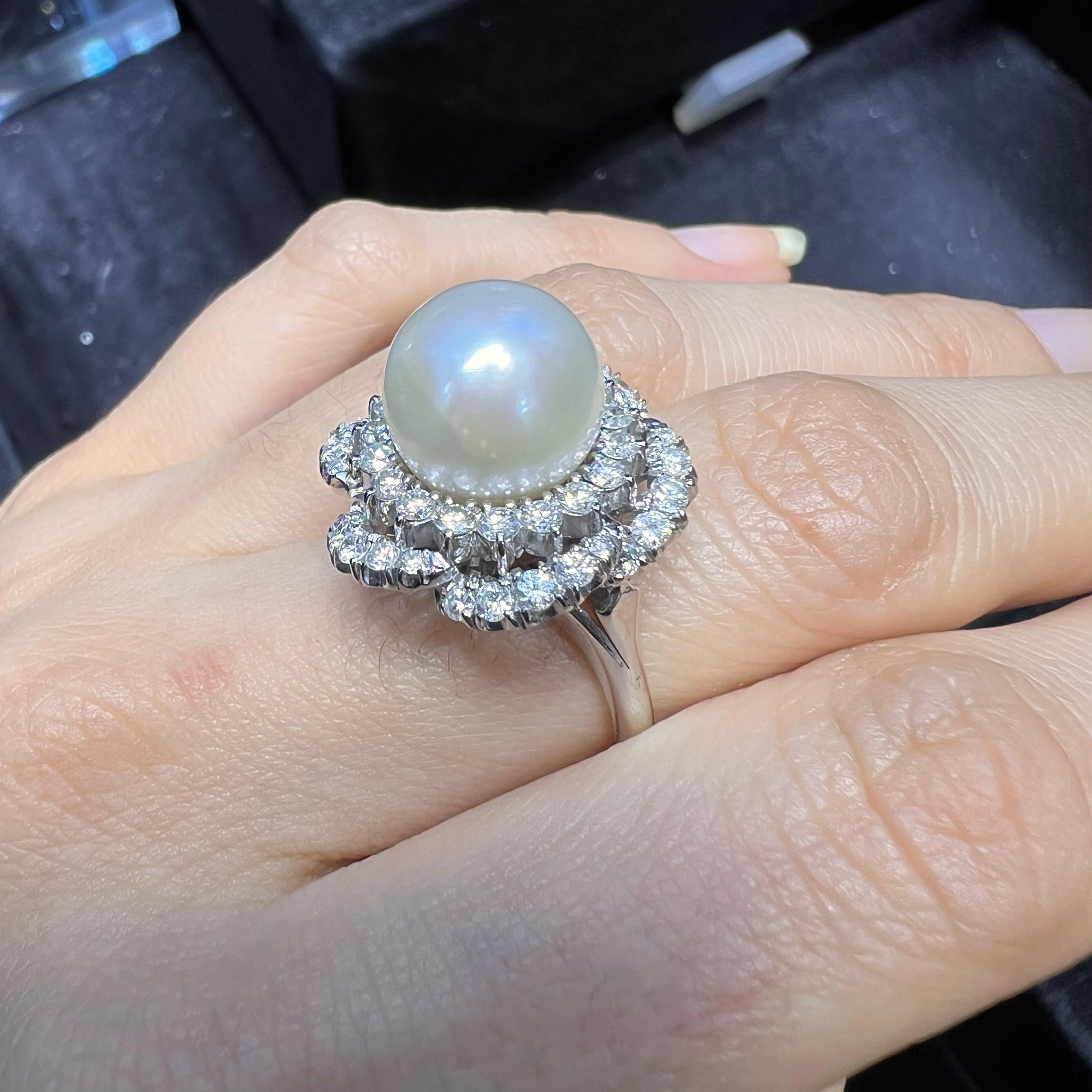 Modern South Sea Pearl and Diamond 18 Carat White Gold Ballerina Cluster Ring For Sale