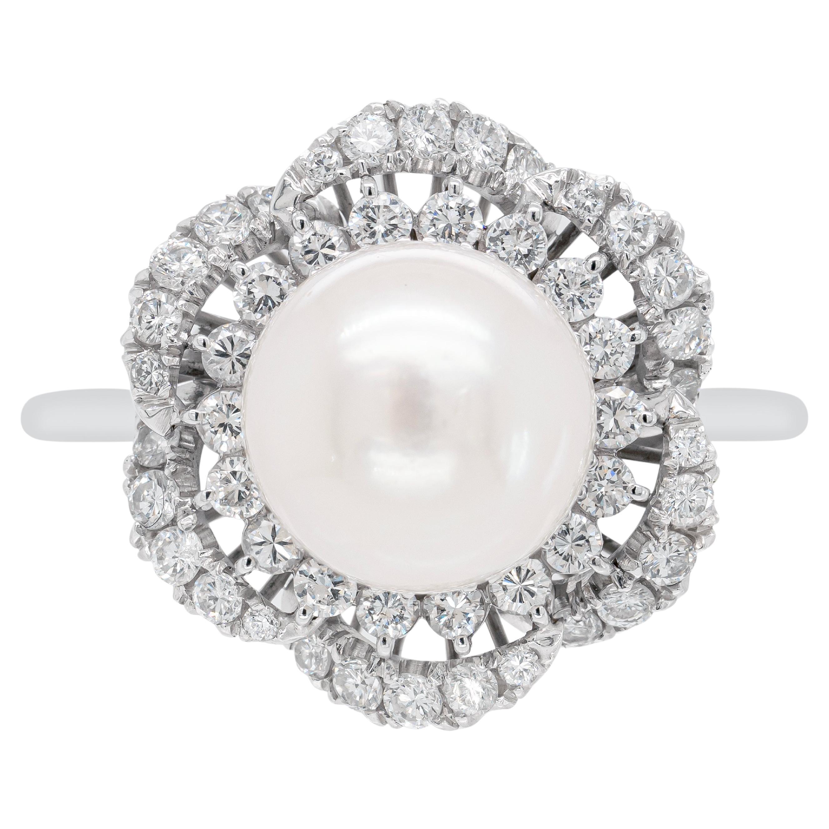 South Sea Pearl and Diamond 18 Carat White Gold Ballerina Cluster Ring For Sale