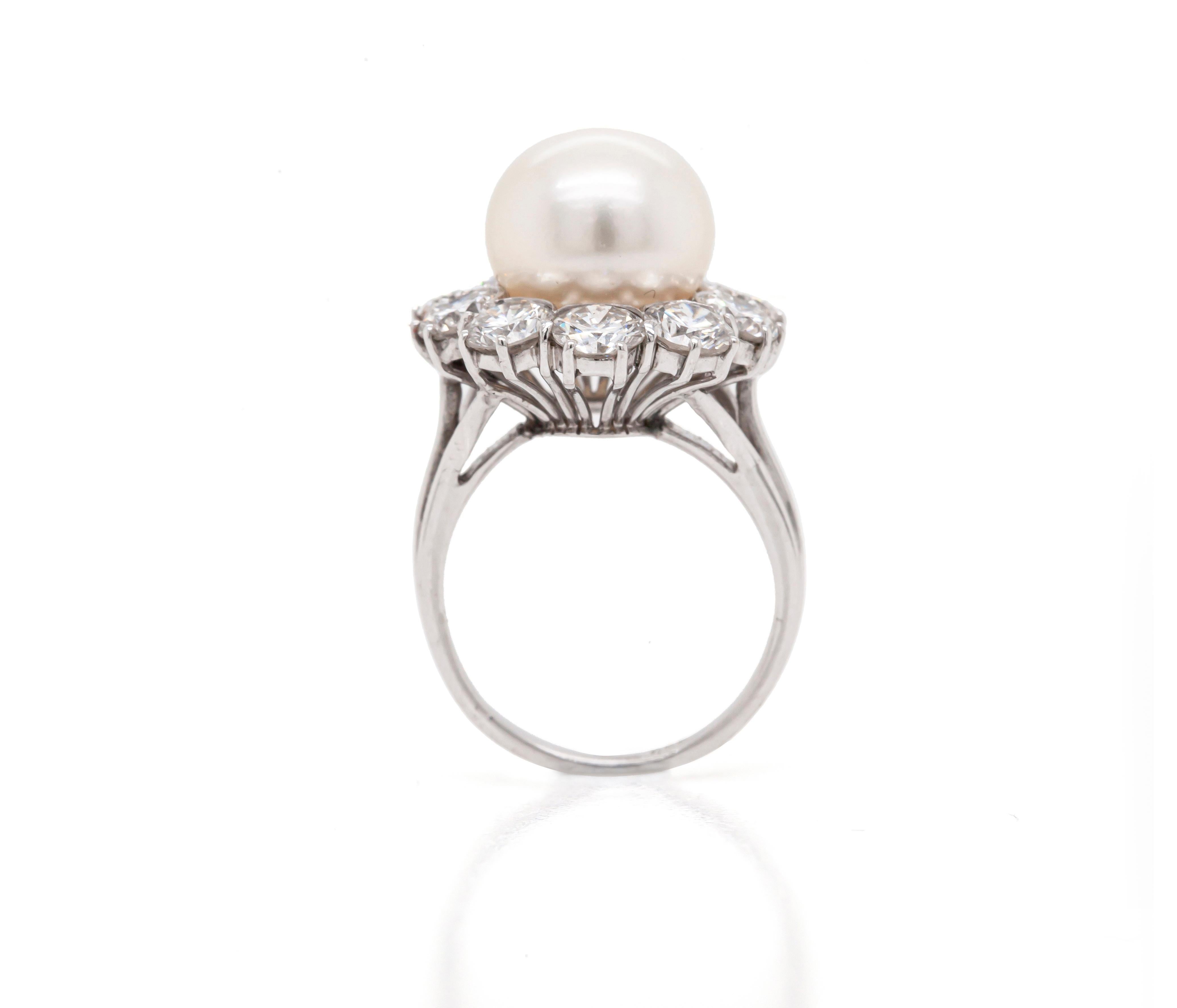 Romantic South Sea Pearl and Diamond 18 Carat White Gold Cluster Flower Engagement Ring For Sale