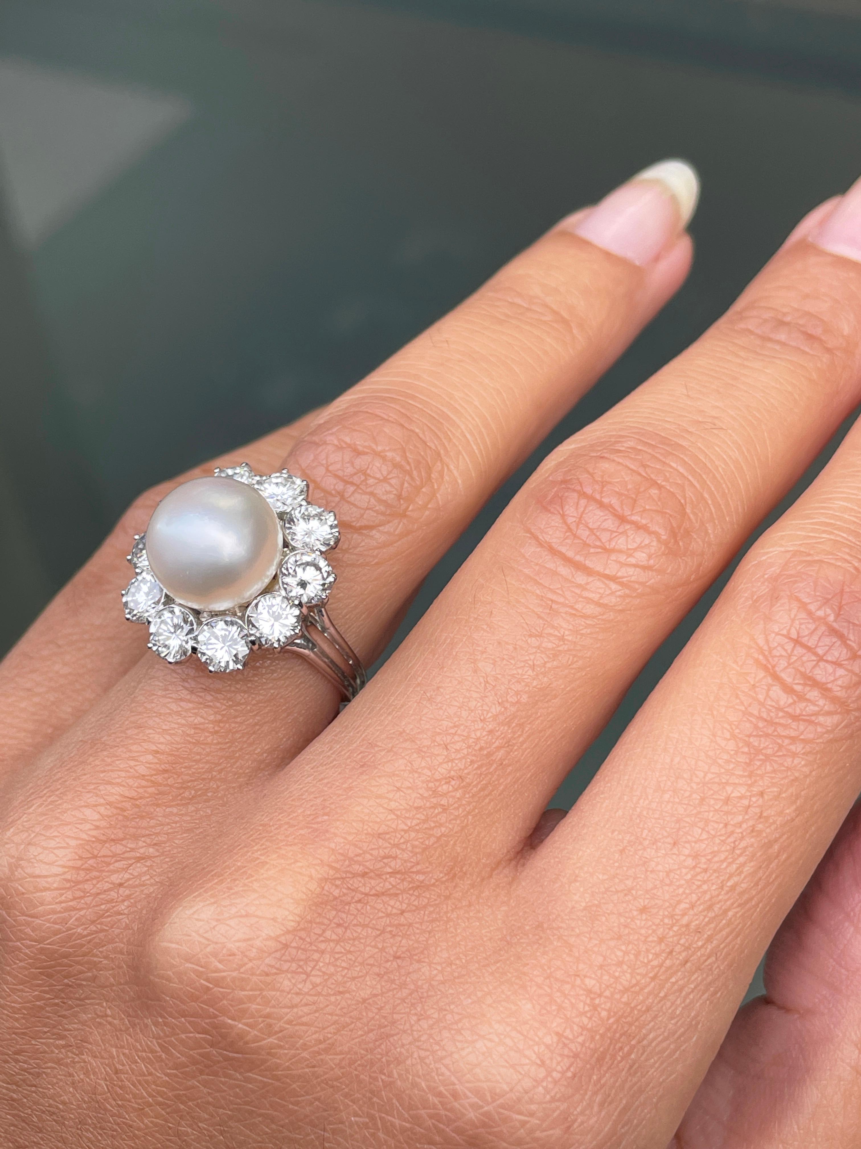 South Sea Pearl and Diamond 18 Carat White Gold Cluster Flower Engagement Ring For Sale 1