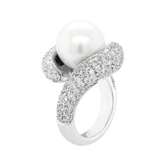 South Sea Pearl and Diamond 18 Carat White Gold Crossover Cocktail Ring