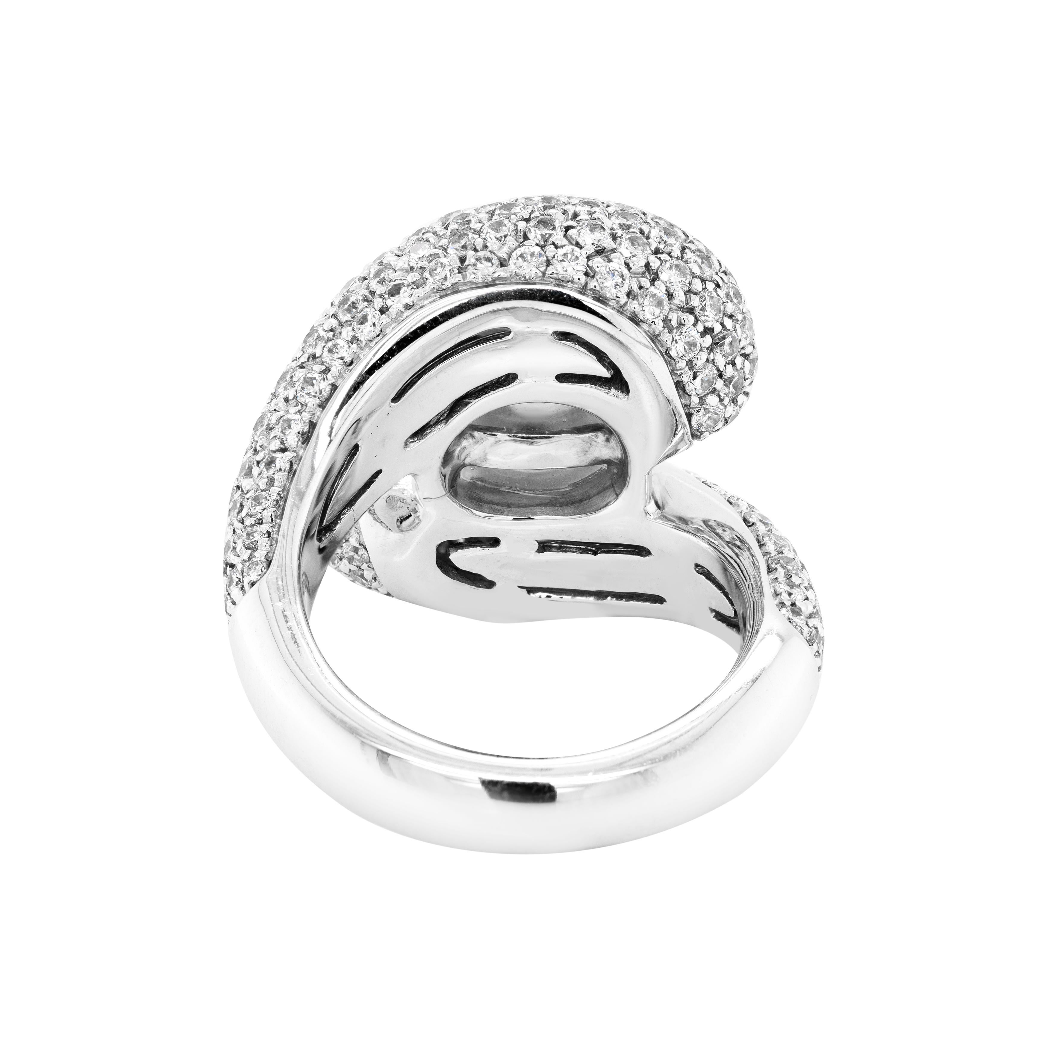 Modern South Sea Pearl and Diamond 18 Carat White Gold Crossover Cocktail Ring For Sale