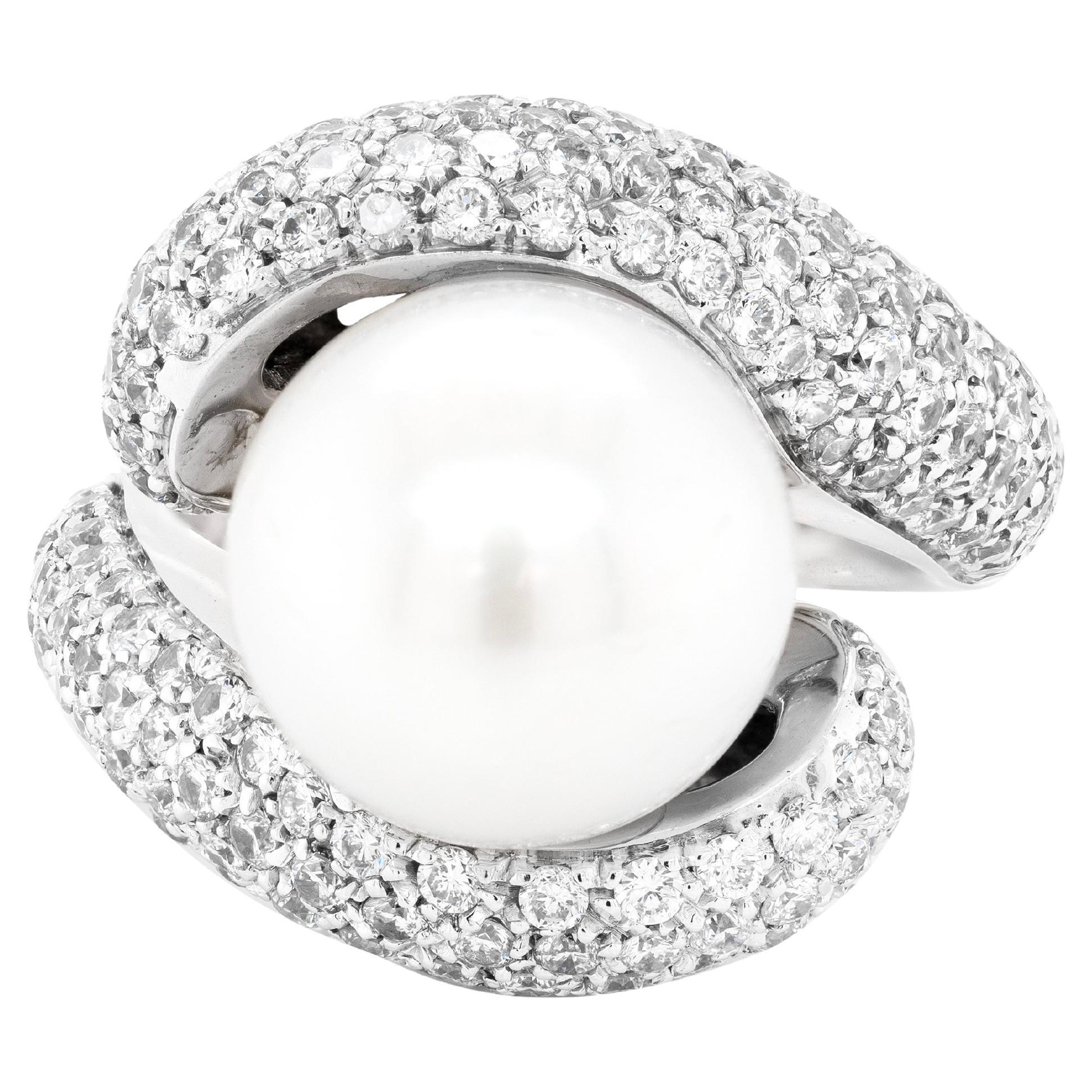 South Sea Pearl and Diamond 18 Carat White Gold Crossover Cocktail Ring For Sale