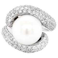South Sea Pearl and Diamond 18 Carat White Gold Crossover Cocktail Ring