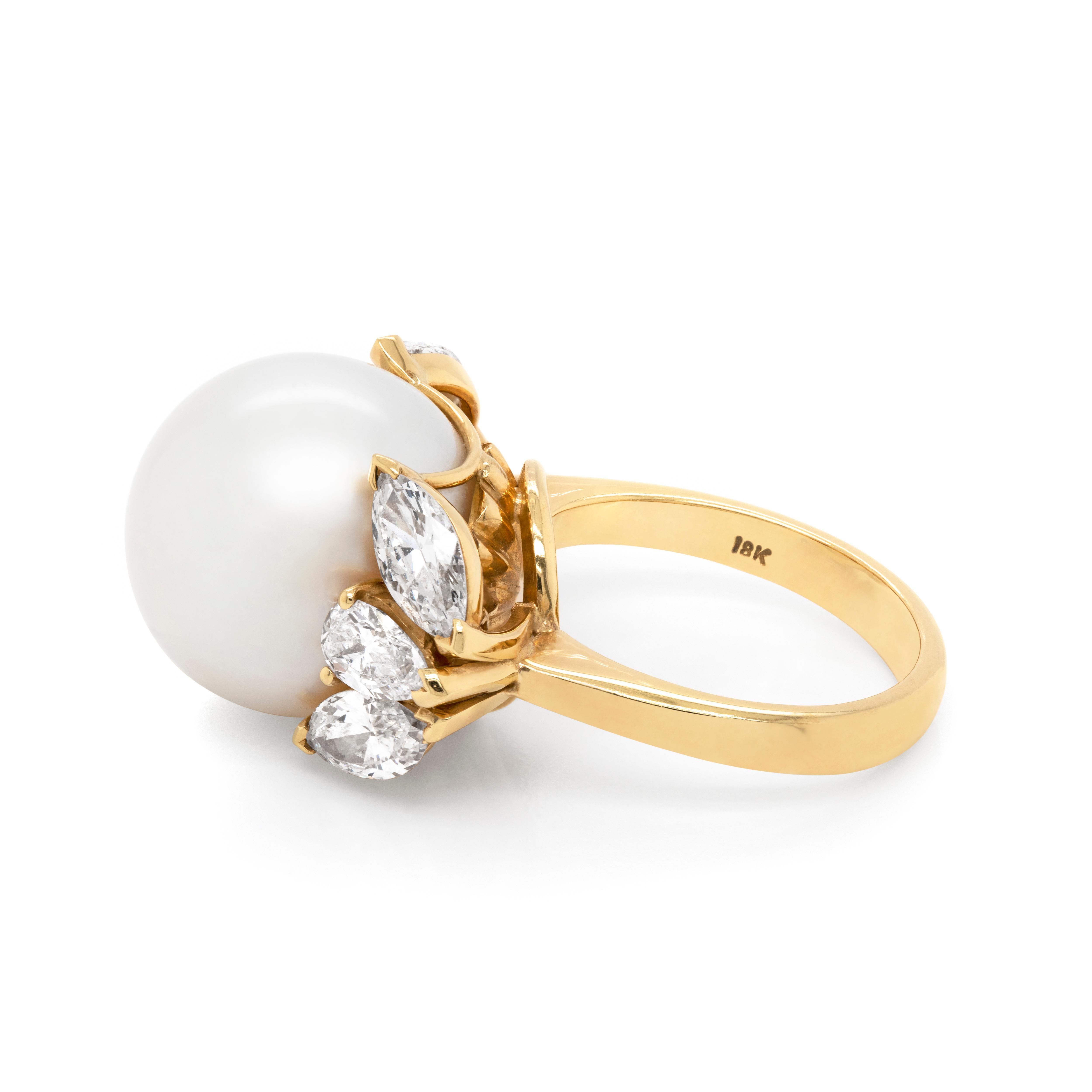 Modern South Sea Pearl and Diamond 18 Carat Yellow Gold Cocktail Ring For Sale