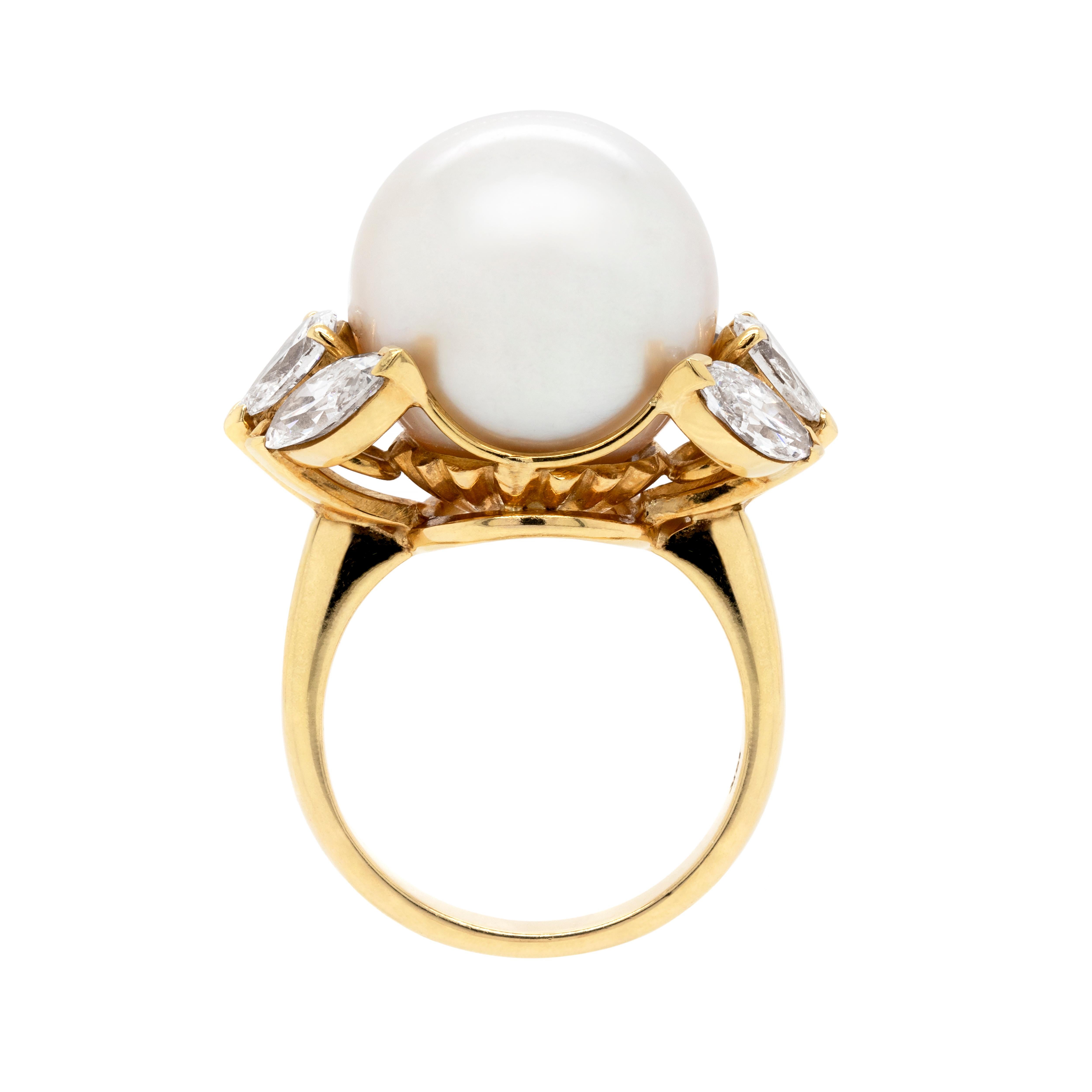 Marquise Cut South Sea Pearl and Diamond 18 Carat Yellow Gold Cocktail Ring For Sale