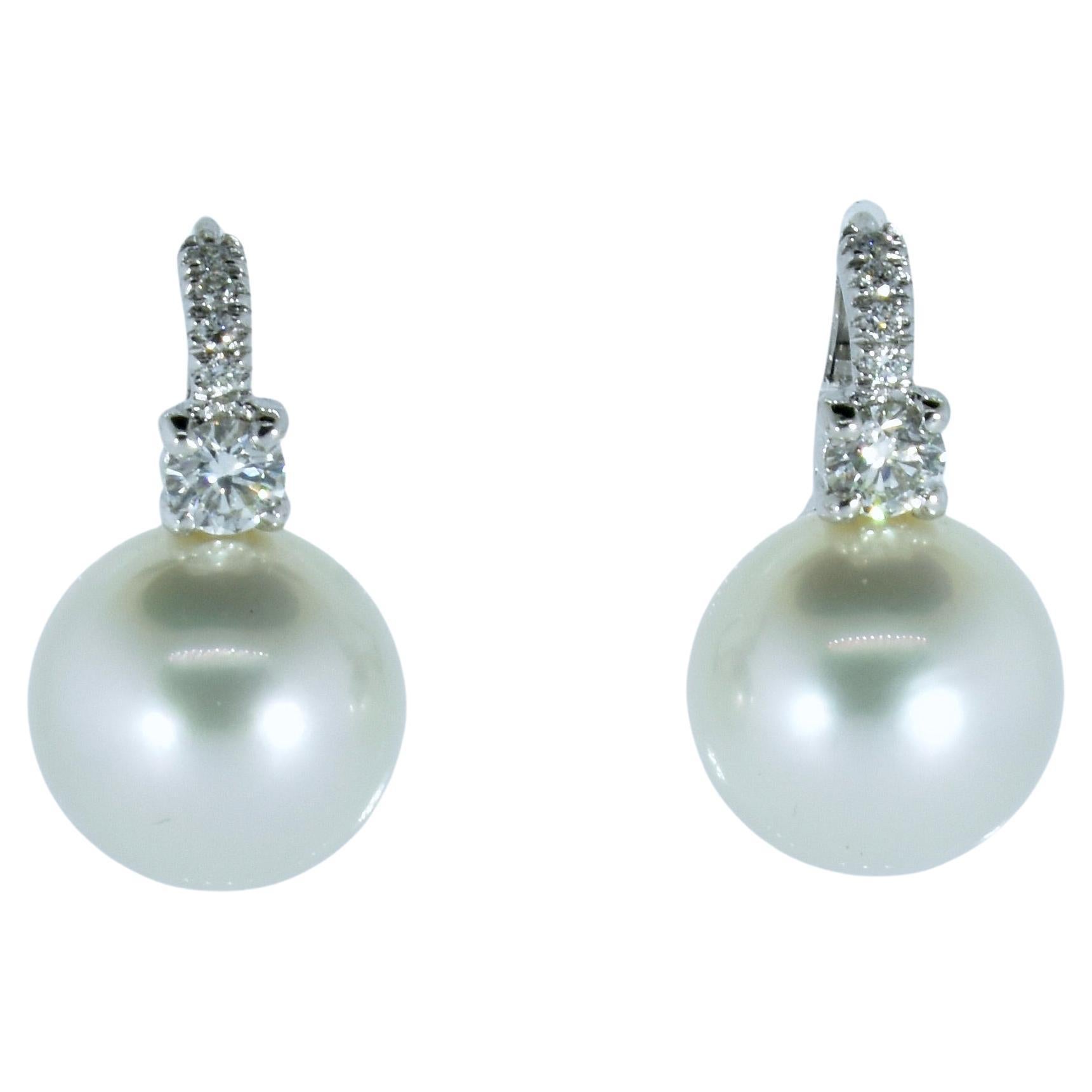 Brilliant Cut South Sea Pearl and Diamond 18k White Gold Fine Contemporary Earrings For Sale