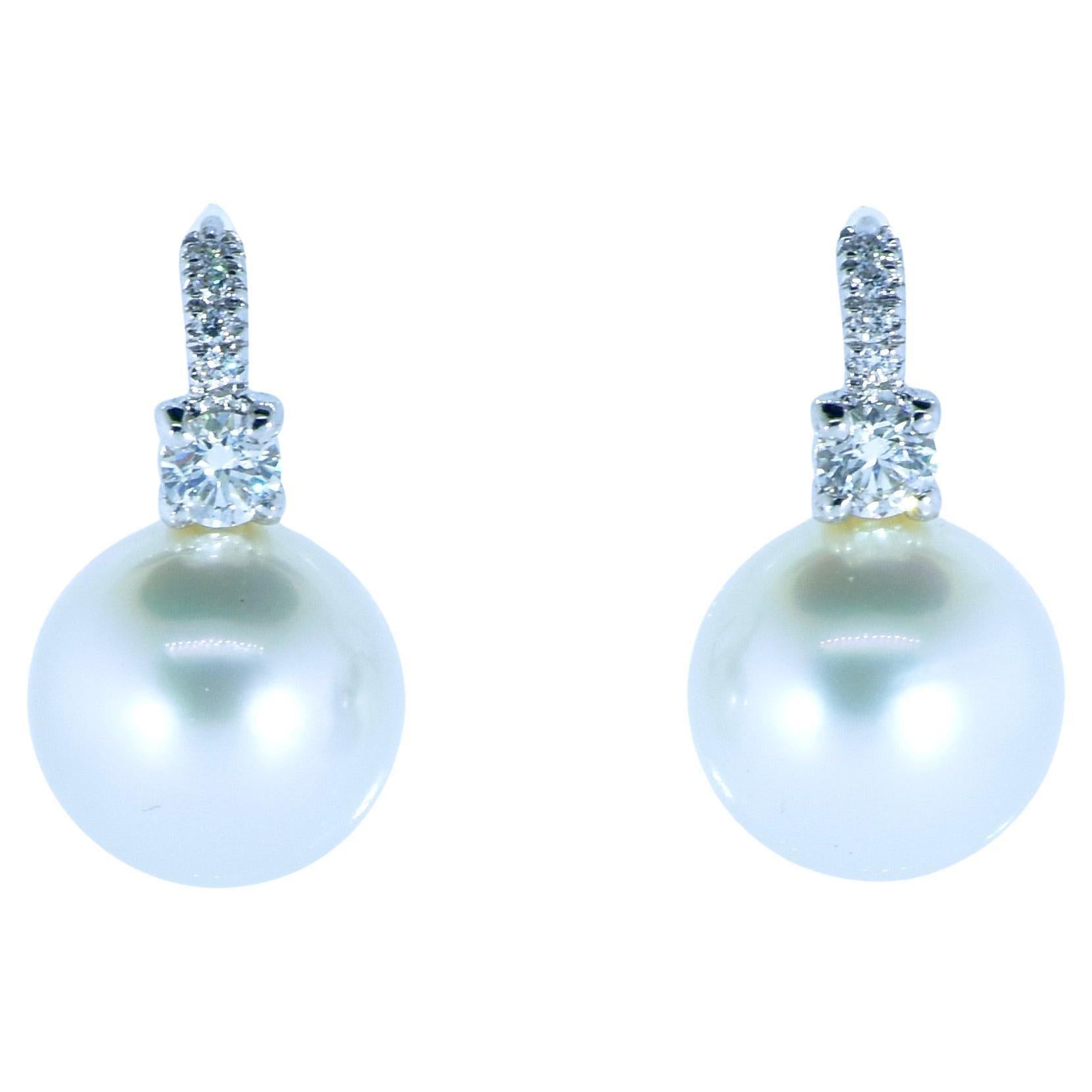 Brilliant Cut South Sea Pearl and Diamond 18k White Gold Fine Contemporary Earrings For Sale