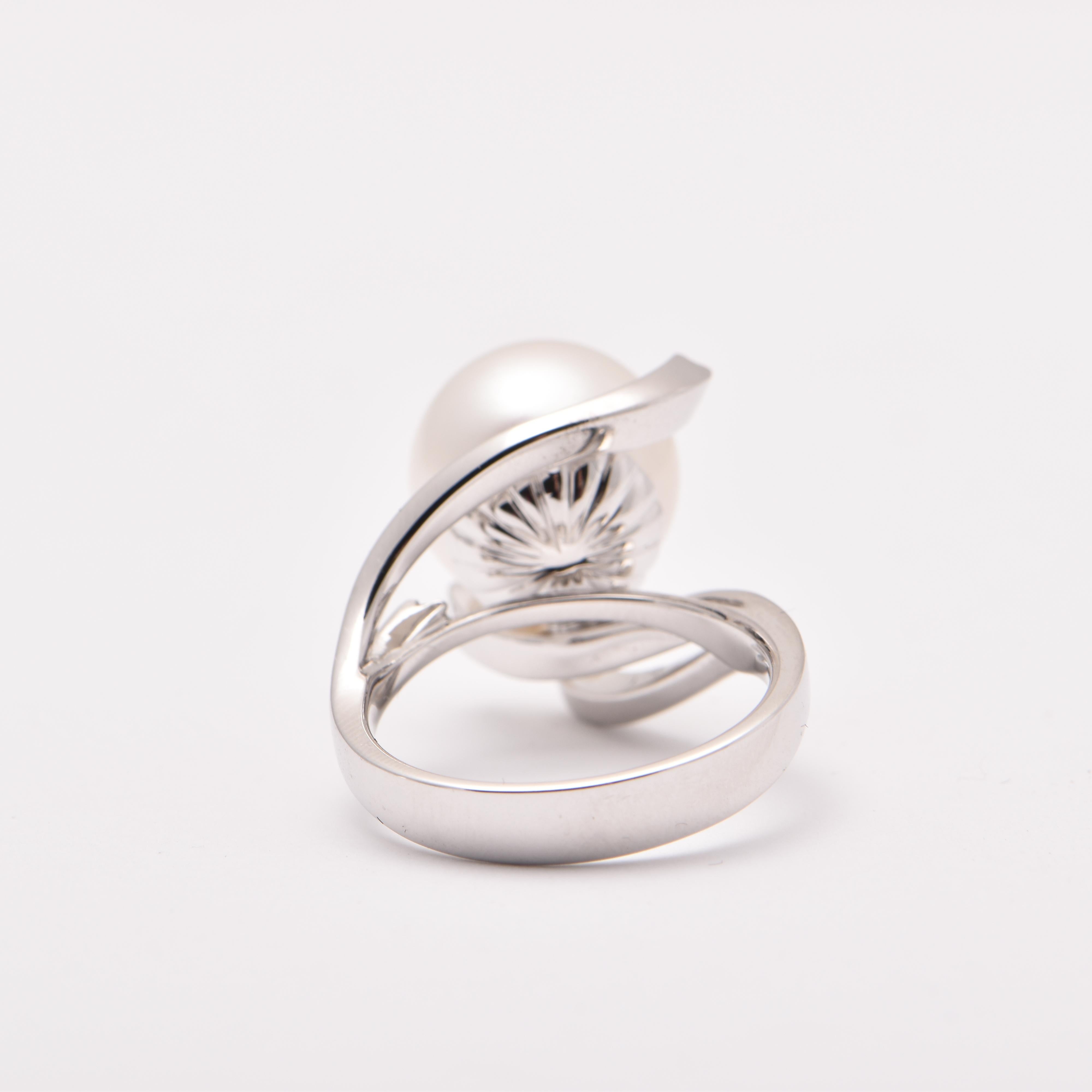 Round Cut South Sea Pearl and Diamond Abstract Cocktail Ring in 18 Carat White Gold For Sale
