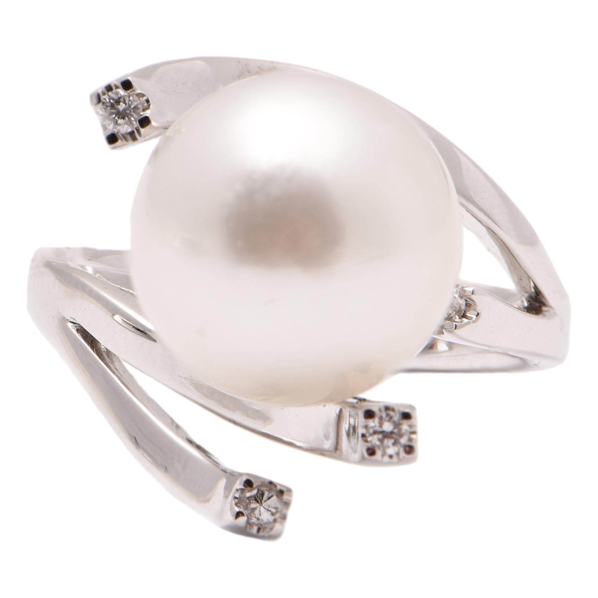 South Sea Pearl and Diamond Abstract Cocktail Ring in 18 Carat White Gold For Sale