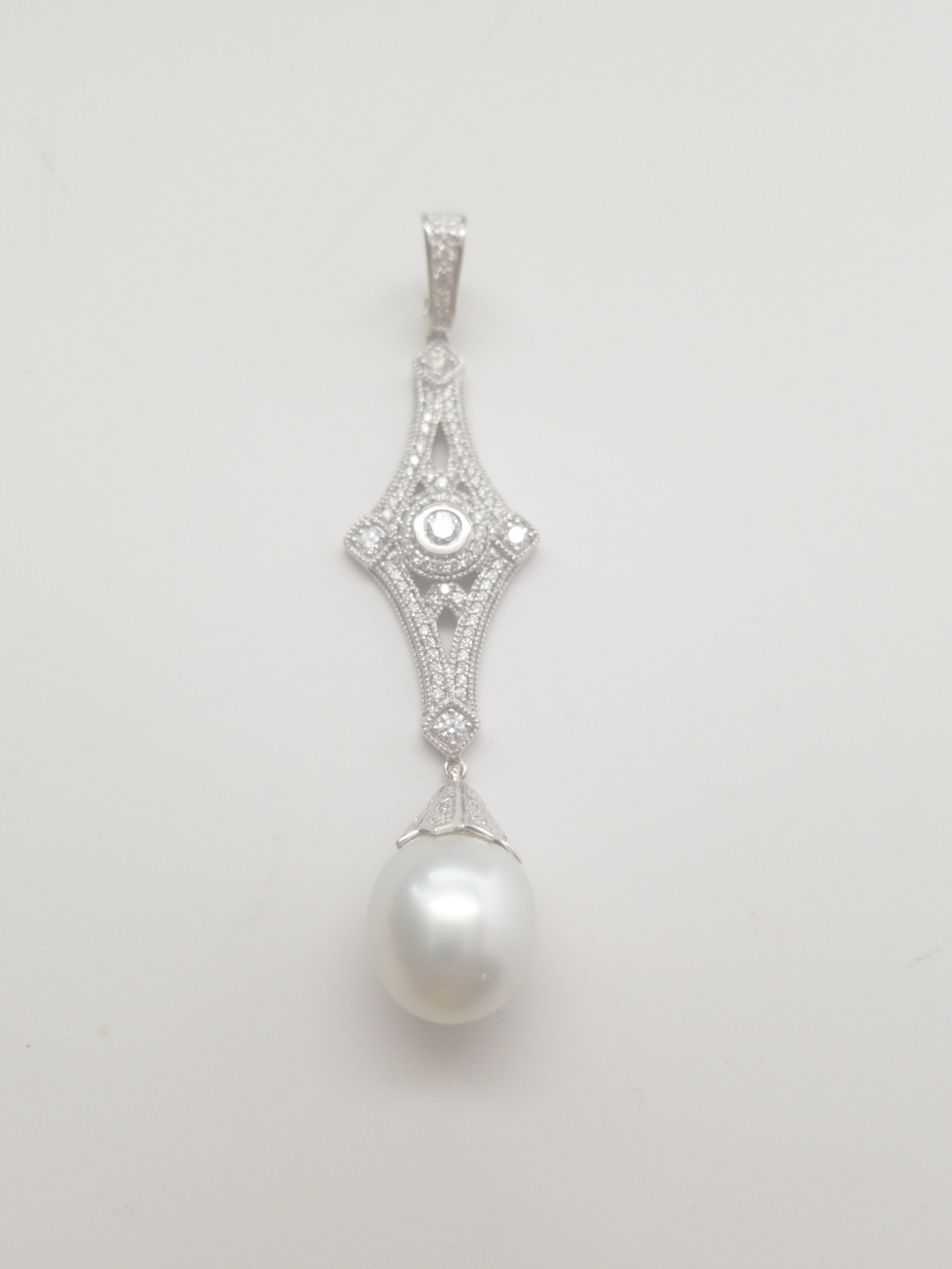 Introducing a breathtaking AAAA+ South Sea Pearl and Diamond Pendant in Platinum, featuring an Art Deco inspired style. Crafted by renowned brand LaFrancee, this pendant is a true masterpiece that exudes elegance and style. The pendant is made of