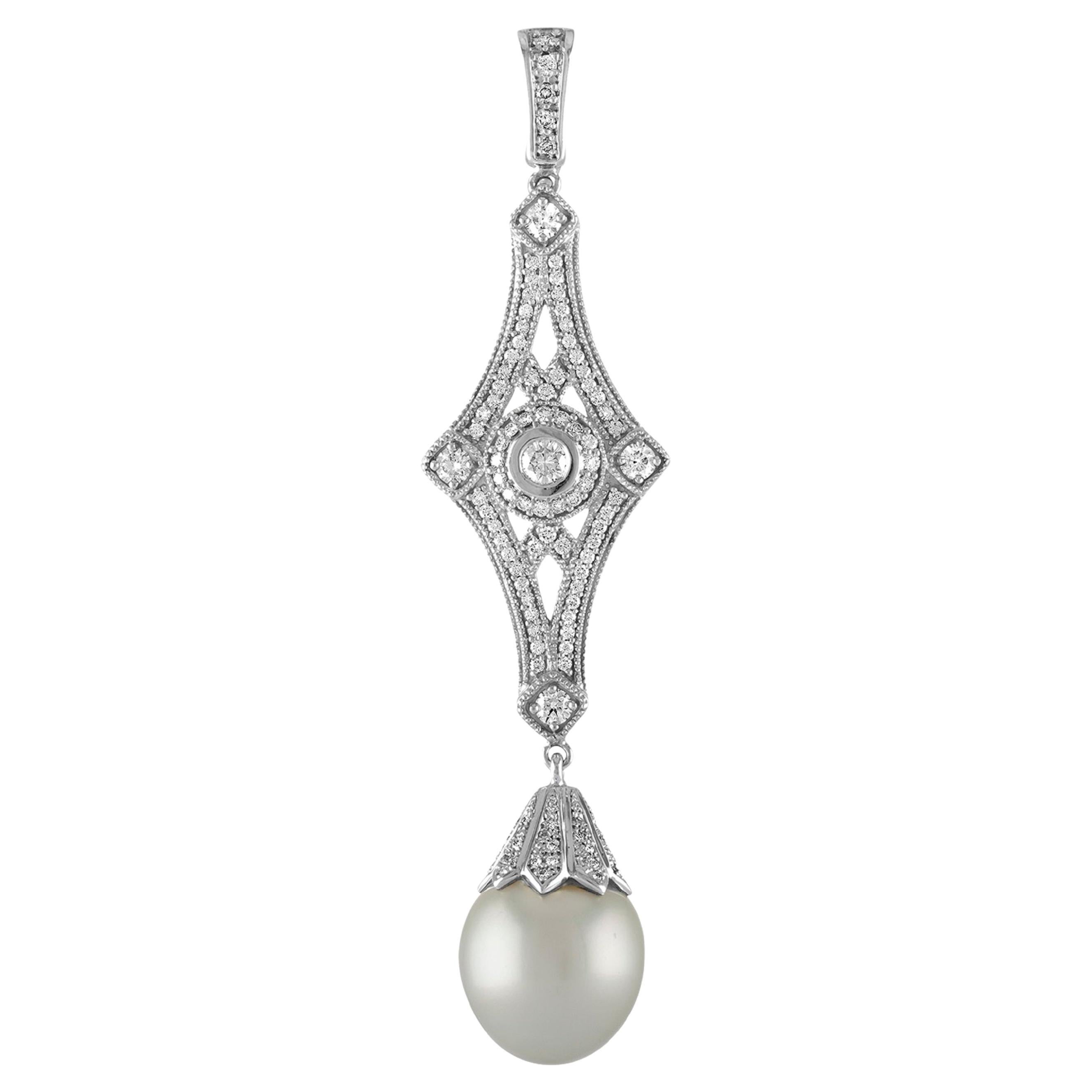 NEW South Sea Pearl Hearts & Arrows Diamond "Art Deco"  ENHANCER in Platinum For Sale