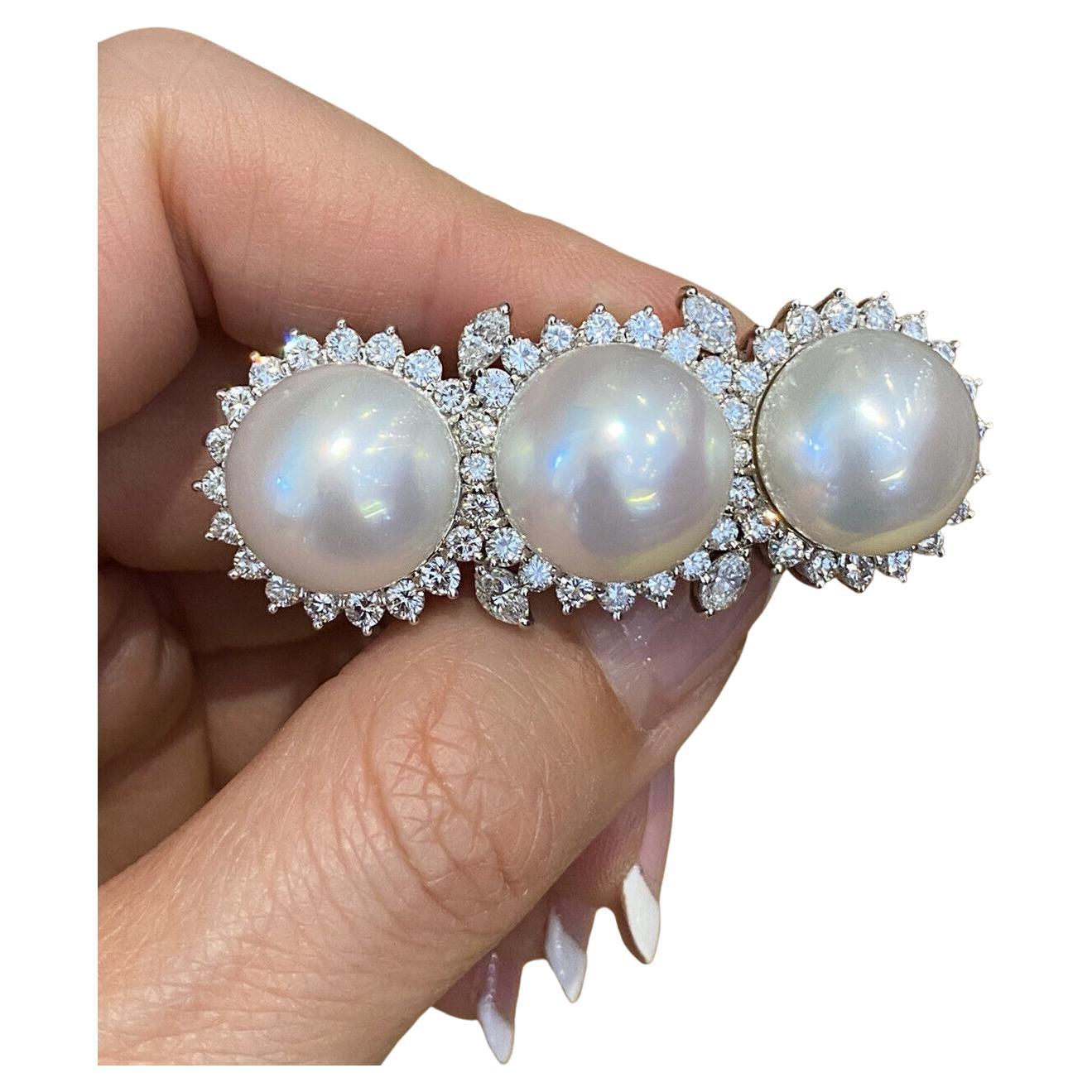 South Sea Pearl and Diamond Bar Brooch Pin in Platinum