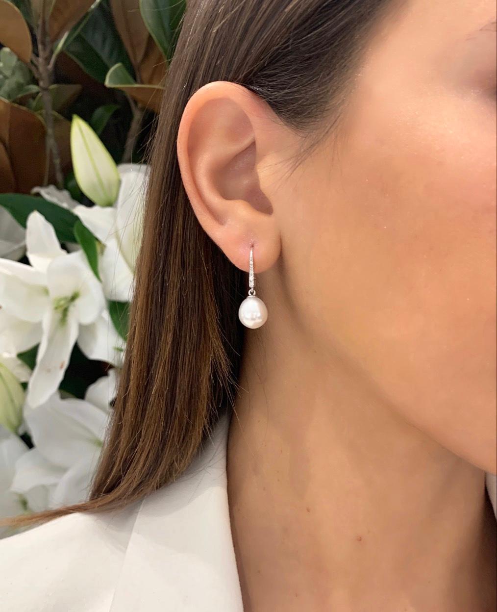 Contemporary South Sea Pearl and Diamond Dangle Earrings