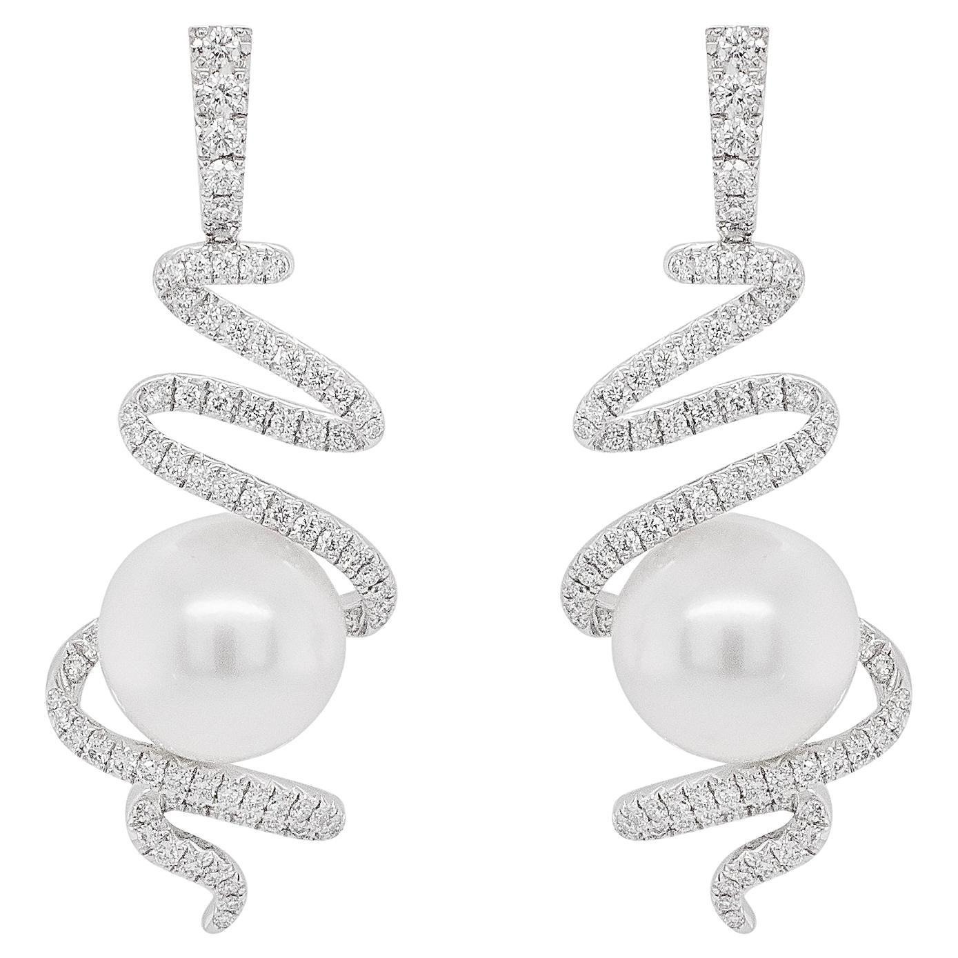 South Sea Pearl and Diamond Dangle Earrings in 18k White Gold