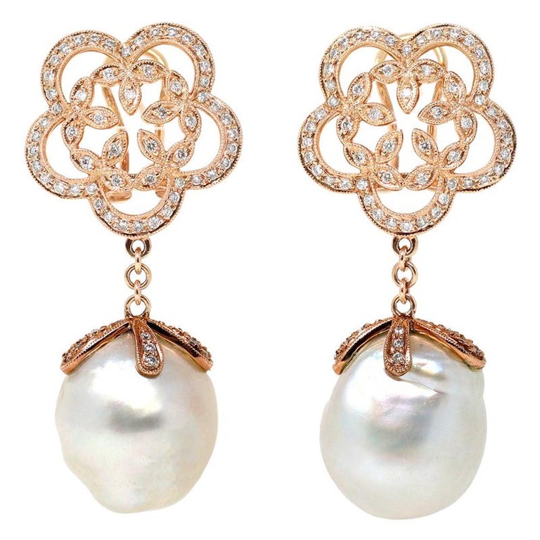 South Sea Pearl and Diamond Dangling Earrings in 18 Karat Rose Gold For Sale