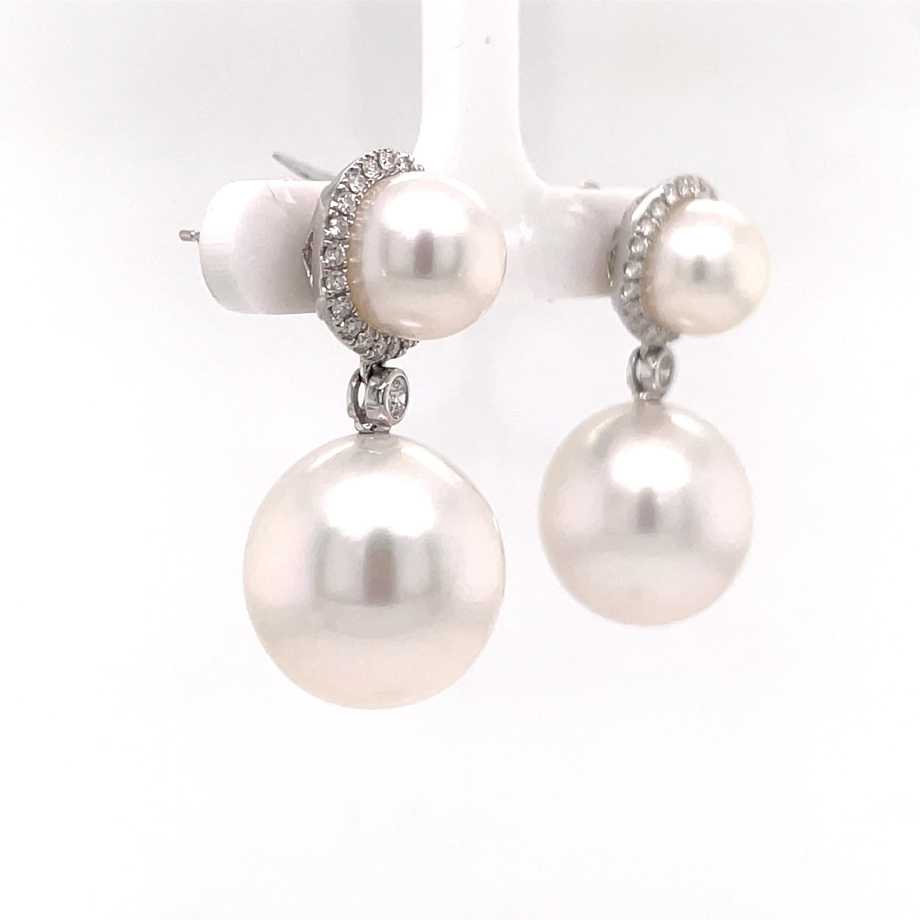 Round Cut South Sea Pearl and Diamond Drop Earrings For Sale