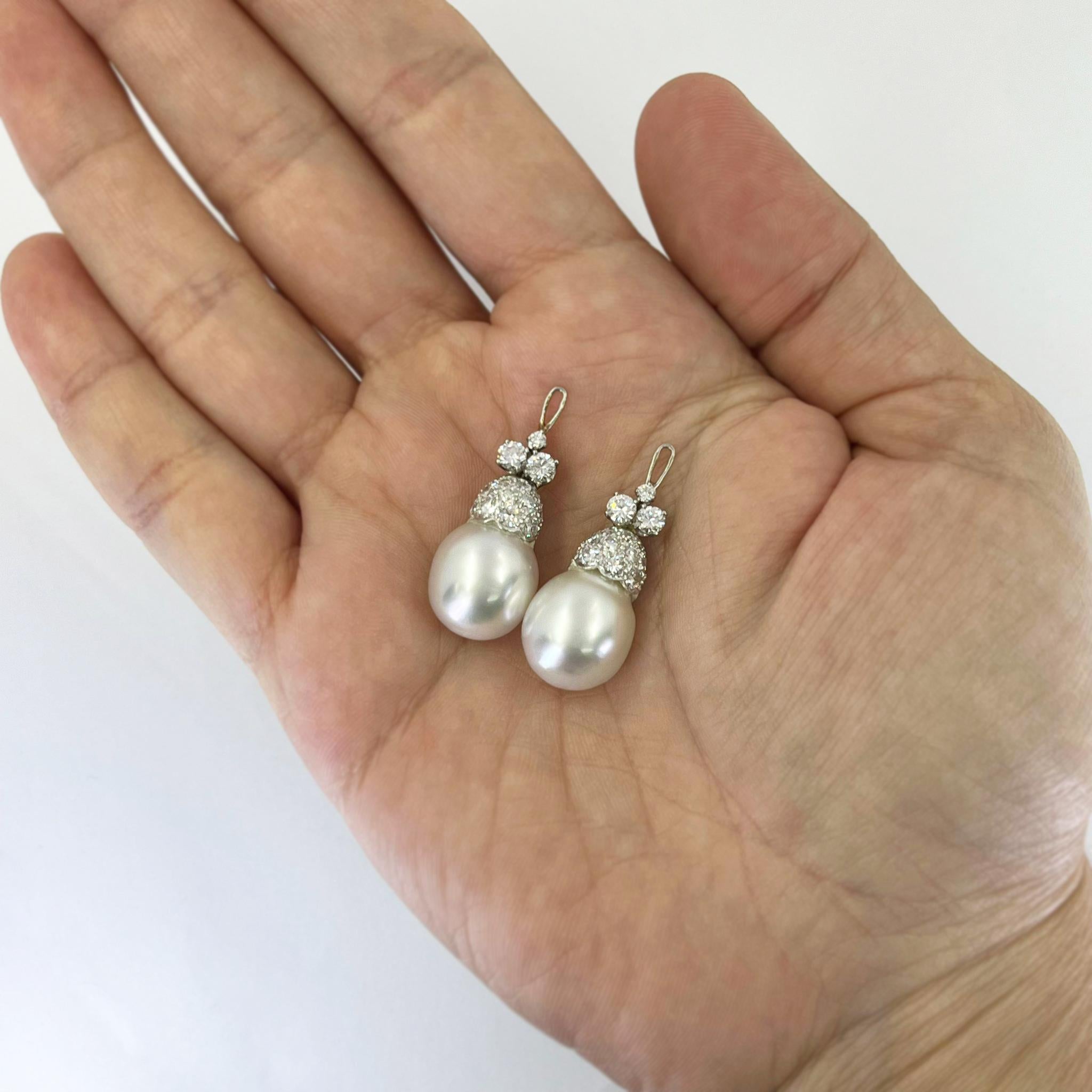 Round Cut South Sea Pearl and Diamond Drop Enhancers For Sale
