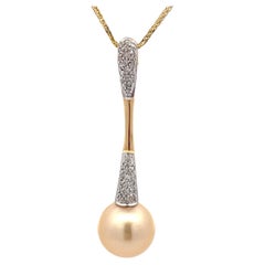 Vintage South Sea Pearl and Diamond Drop Necklace in 14k Yellow Gold