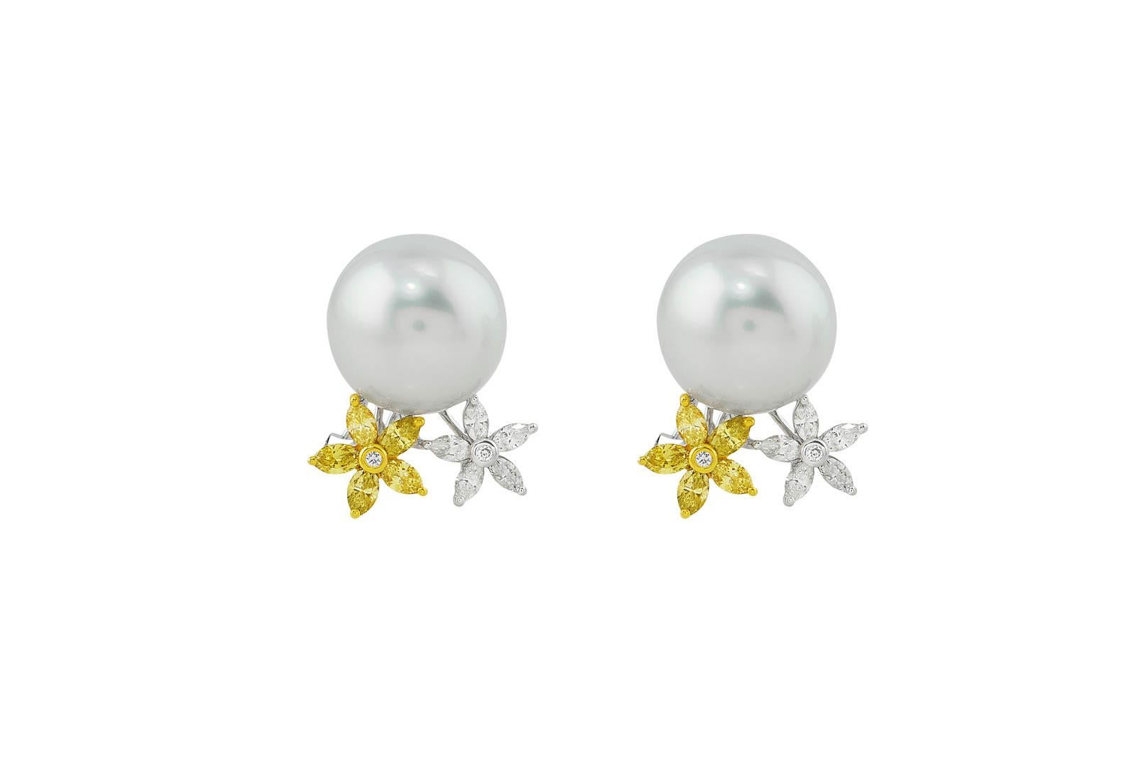 Round Cut South Sea Pearl and Diamond Earrings For Sale