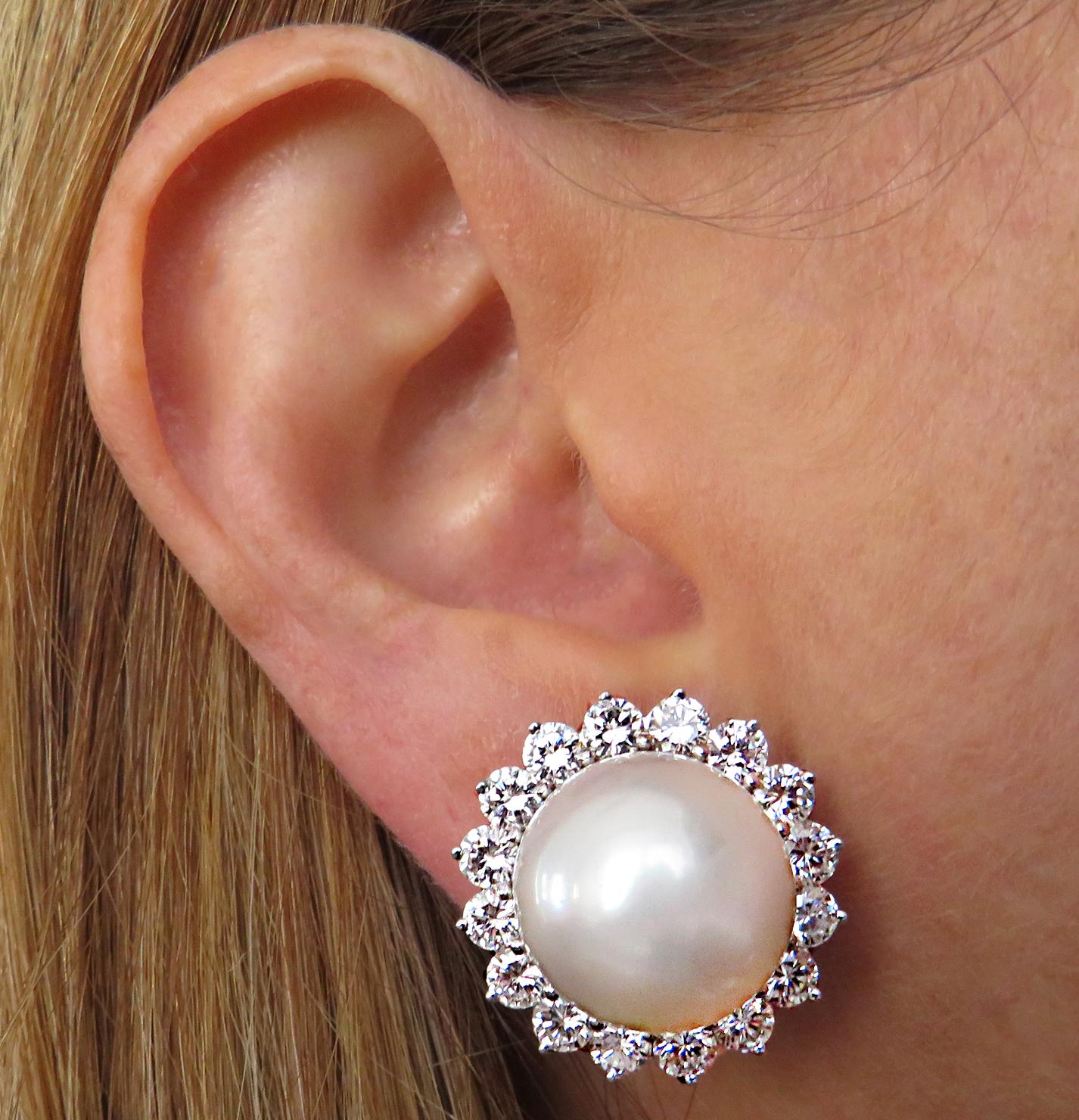 Round Cut South Sea Pearl and Diamond Earrings