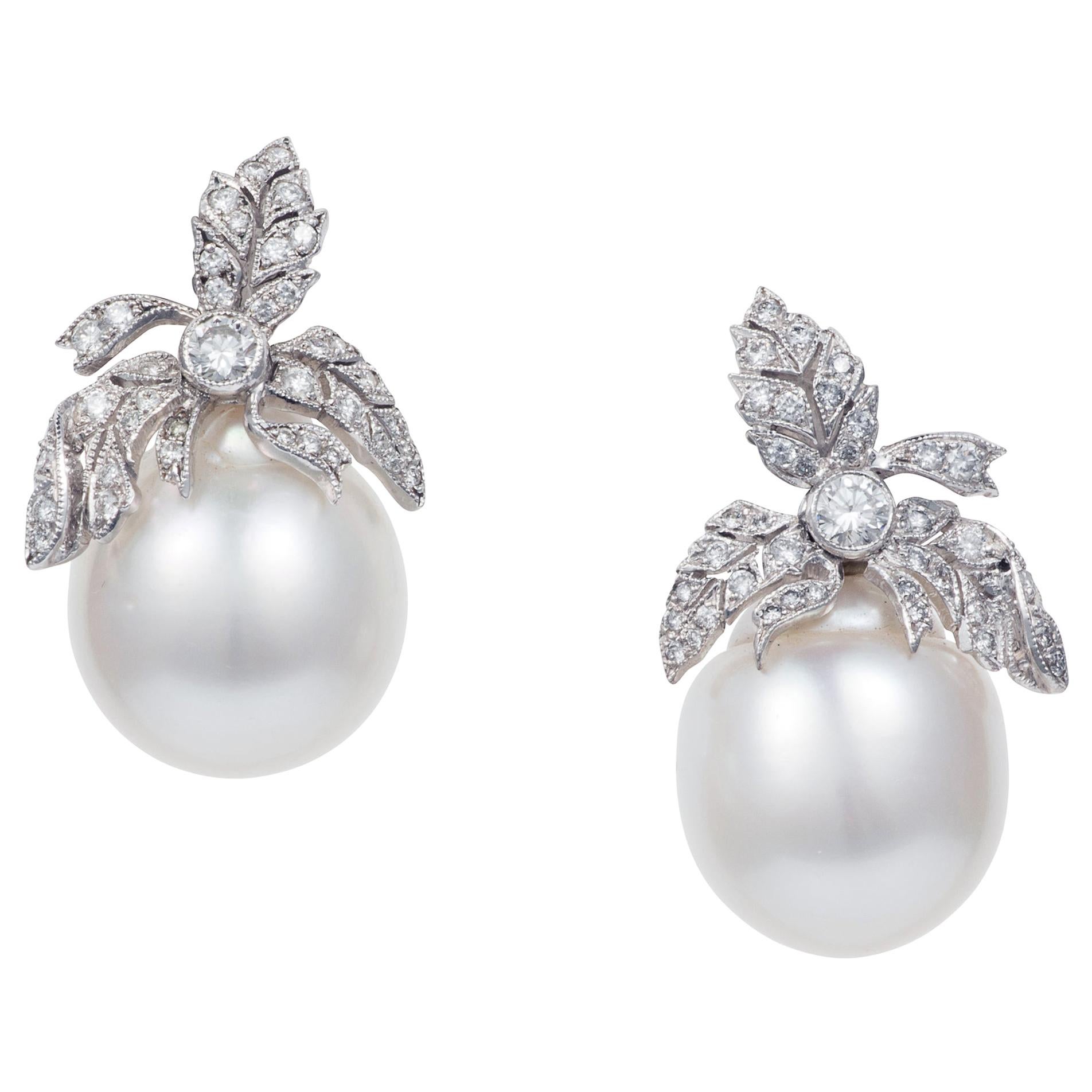 Manpriya B South Sea Pearl and Diamond 18K White Gold Leaf Drop Earrings For Sale